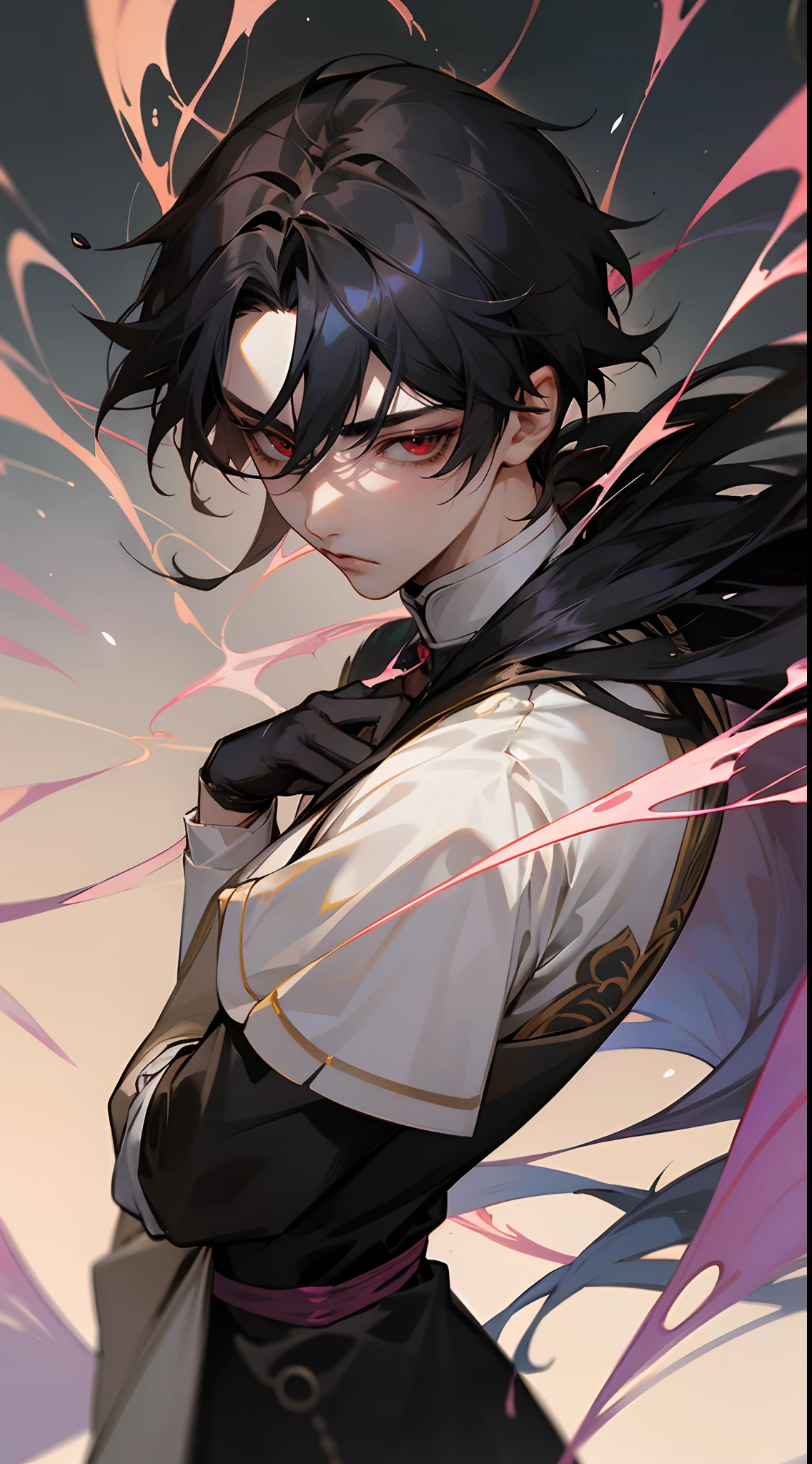 a close up of a man , splash color, beautiful androgynous prince, sakimichan frank franzzeta, delicate androgynous prince, heise jinyao, handsome guy in demon slayer art, casimir art, zhongli from genshin impact, range murata and artgerm, keqing from genshin impac, very long black hair, red eyes, smoke effect