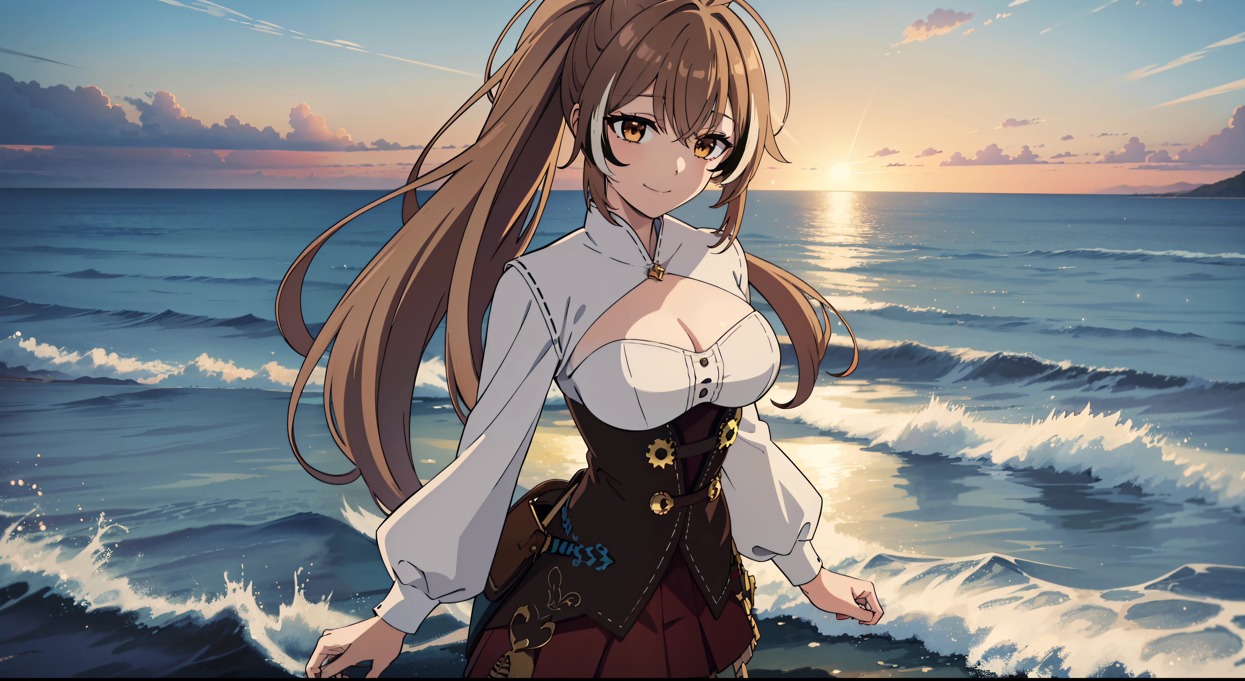 2D, HD, Detailed details, Detailed landscapes, beautiful lights, Beautiful Shadows, top-quality, Highly detailed, masterpiece, best quality, highres, aamumei, long hair, ponytail, ahoge, multicolored hair, feather hair ornament, hairclip, white shirt, brown corset, red skirt, mini breasts, closed mouth, smile, looking at viewer, highly detailed hands, highly detailed eyes, cleavage, Perfect hands, highly detailed face, full body, anime styled, blue sky, sky background, arms behind back, walk on water, sea, backdrop of dawn, horizon, Saturn in the background, wet clothes