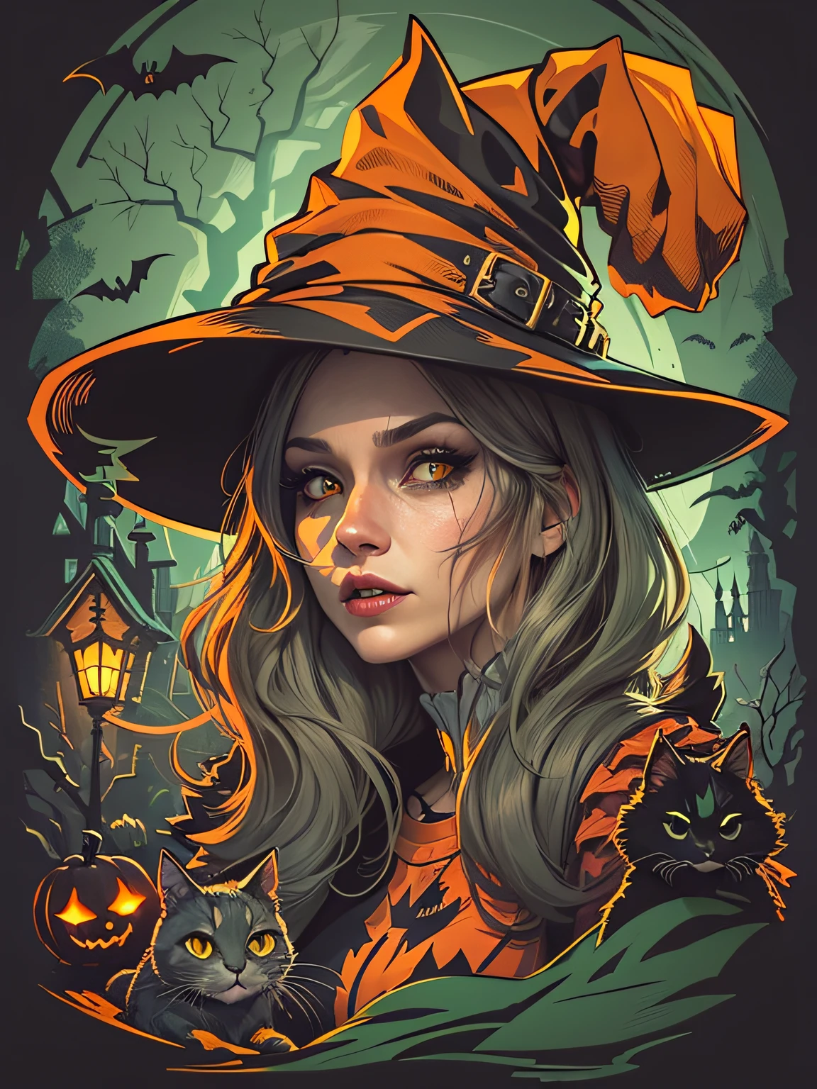 High quality design vector style image, t-shirt print style, graphic art white background of a Halloween style witch, bright and realistic colors, old style witch with a pointy hat, nose with a wart and a black cat at her side, fantasy style scenery halloween