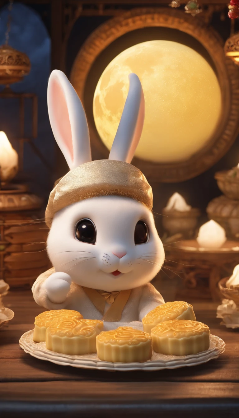 2k,4k，Commercial shooting, Parallel to eye level，during night，Huge Full Moon，Coconut milk，A small amount of Cantonese egg yolk mooncakes, Mooncake size, poster for, Fresh style background, , Booth lighting, Attractive, photorealistic colors, Ultra HD，tmasterpiece，romanticism lain，Rabbit ears，Moon rabbit，Chang'e rushes to the moon