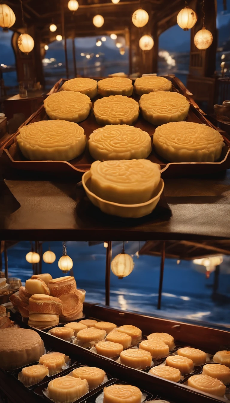 2k,4k,Commercial shooting, Parallel to eye level,during night,Huge Full Moon,Coconut milk,A small amount of Cantonese egg yolk mooncakes, Mooncake size, poster for, Fresh style background, , Booth lighting, Attractive, photorealistic colors, Ultra HD,tmasterpiece,romanticism lain,Rabbit ears,Moon rabbit,Chang'e rushes to the moon
