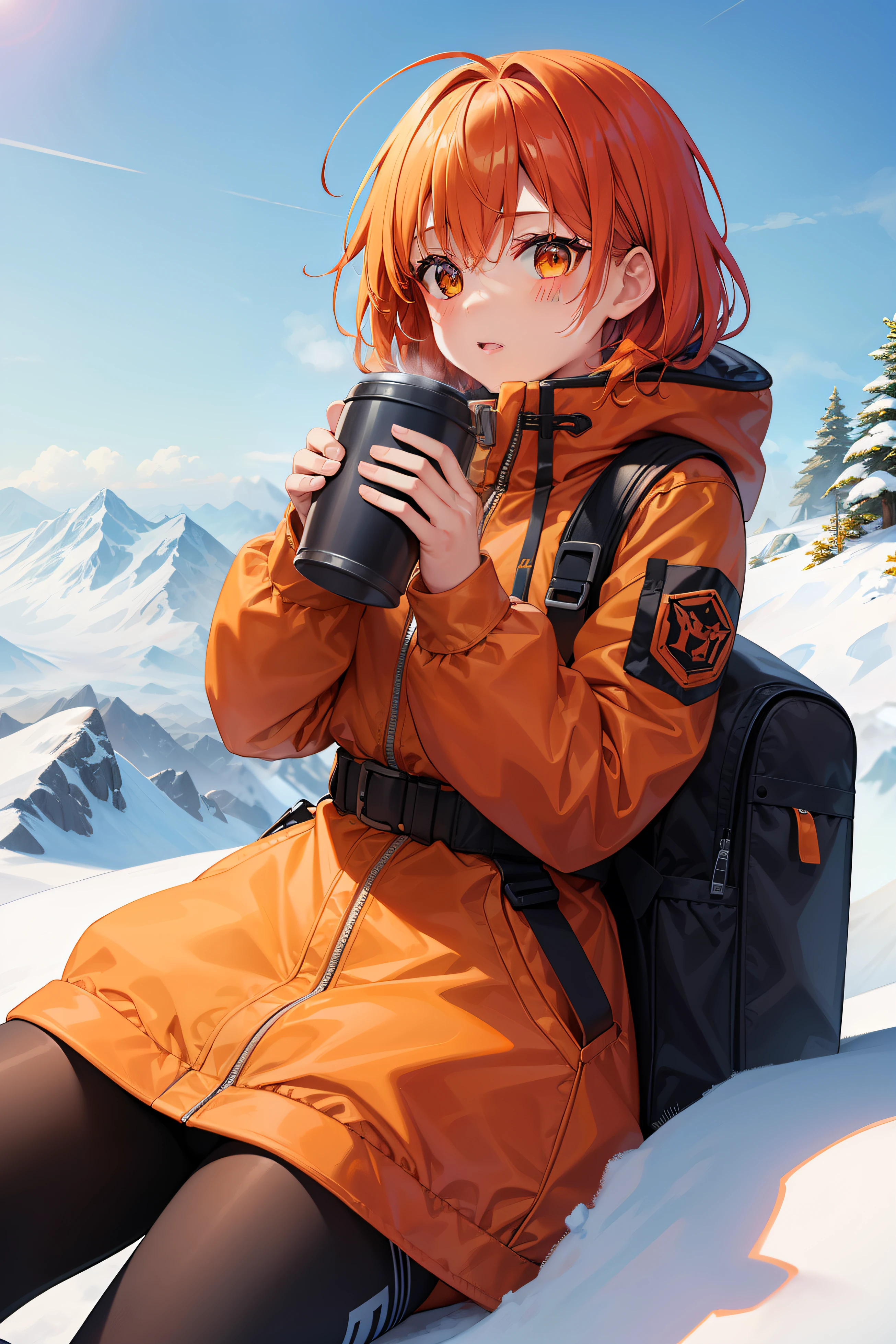 young girl, on a snowed mountain, climber's coat, climber's clothes, orange jacket, yellow eyes, red hair, big backpack, holds on the edge of the mountain, resting, holds on the ground drinking coffee from a thermos