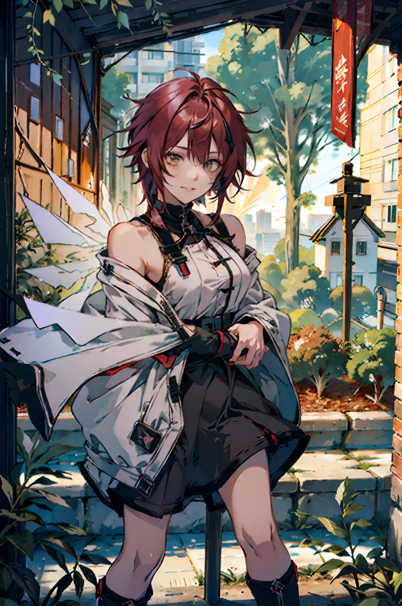 Pure sky，mechanical leg，Black mechanical legs，Plump legs，Red gem setting，Anime girl standing gracefully on the ground，Black cape and red hair, rogue anime girl, Anime girl standing, Wearing a cloak on the blasted plain, asuka suit under clothes!, Cyborg girl, badass posture, mechanic punk outfit, anime styled 3d, render of a cute 3d anime girl, gapmoe yandere grimdark, Female character，musculature，Abs，Glowing green eyes，Black hair with red gradient，short detailed hair，Bunched hair，Dull hair，（Muscle 2.0），Tomboyish，Be red in the face，looking at viewert，Elaborate Eyes，Black mechanical legs，huge tit，1.5，Put your hands in your pockets，ssmile，blacksilk，Straight big breasts，strappy，Black cutout miniskirt，White bandeau，Toothless smile，Lower breast，Mechanical wind，There are no cities，Side breasts，Excitation，Top crotch，Sexy lower abdomen，extremely large bosom，the wind blowing up the skirt，High-fork panties，looking at viewert，nabel