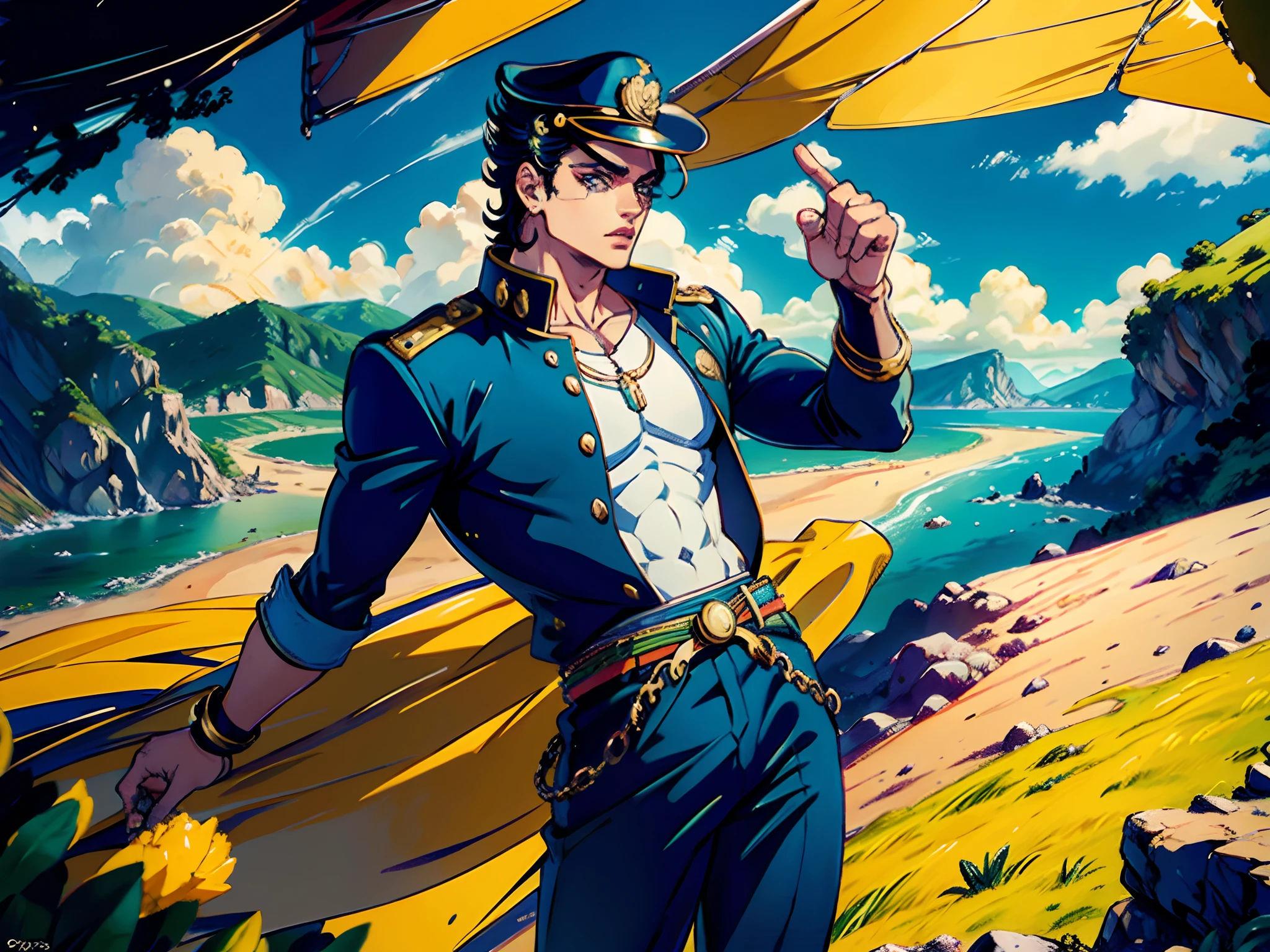 (Obra maestra), La mejor calidad, 8k, Ilustraciones perfectas, (Efecto Choas), fantasy, 1hombre, Kujo Jotaro, Hombre musculoso, estrella, labios gruesos, sombrero grande ,ojos verdes, Uniforme escolar, Gakuran, Abrigo largo, jewely, Pendientes, cadena, Picadillo,  (Pose de Jojo, pointing)
Hilltop monastery with panoramic views of the surrounding landscape,