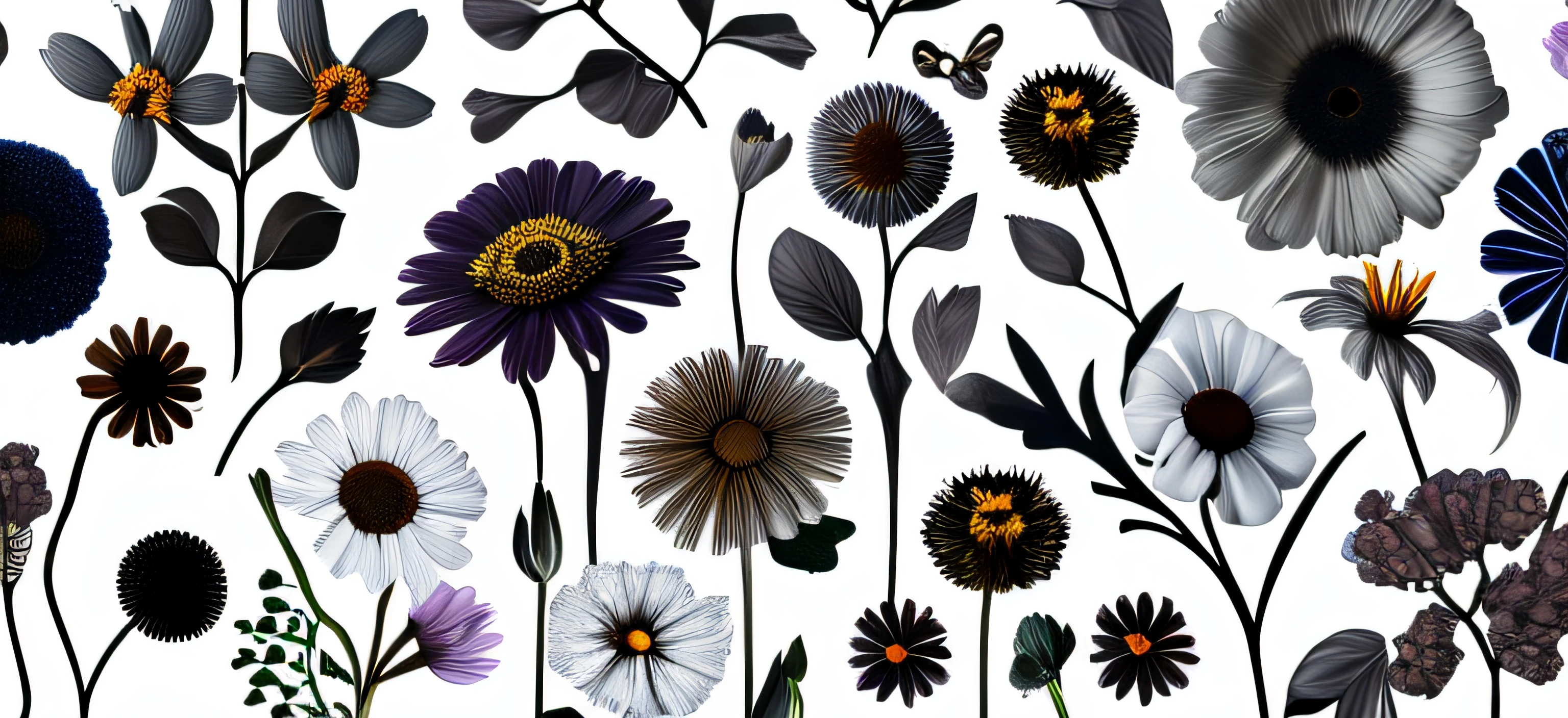 Images of wild flowers, single flowers, white background, individually laid out,