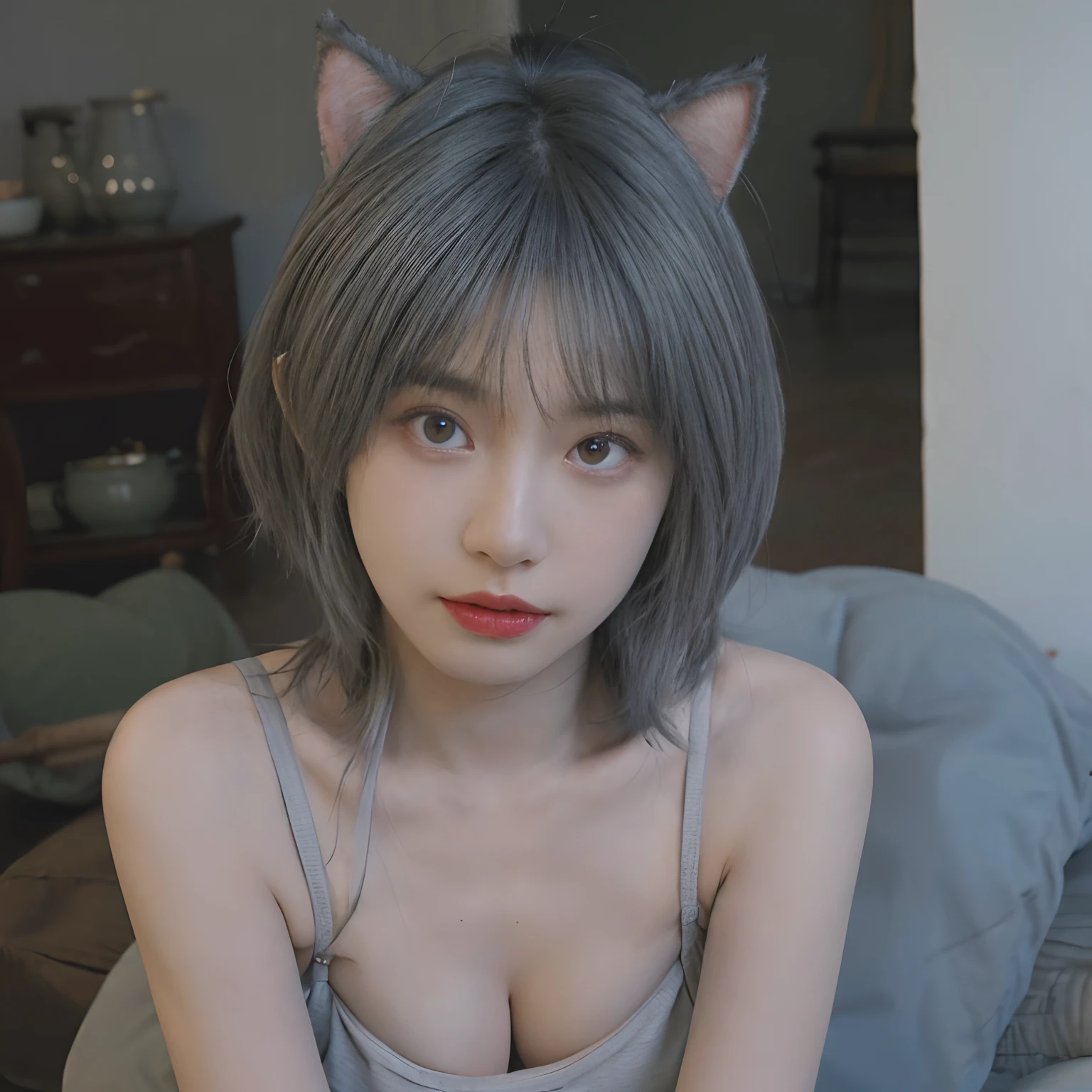8K,((NSFW))、(Sexy poses collection)、((in one's underwear only))、(((Gray hair color))) 、undersized head、Best Quality, masutepiece, Ultra High Resolution, (Realism: 1.4), Original photo, (True skin texture: 1.3), (Film grain: 1.3), Beautiful eyes and face details, masutepiece, Best Quality, close up, Full body, Look at the viewer,Orange ribbon、short-cut、18year old、gray cat ears