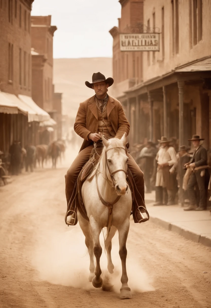 A vintage sepia-toned photograph of a cowboy riding into town on horseback, with buildings and saloons lining the dusty street. The image captures the essence of the Old West, with a sense of nostalgia and history. The details are crisp, showcasing the intricate craftsmanship of the cowboy's outfit and the architectural beauty of the town.