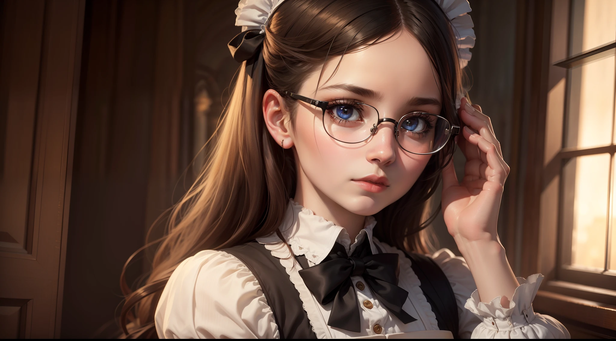 (Best Quality, Masterpiece), 1girl, Victorian maid, eyeglasses, Shy, 1 girl, young girl, (goosebumps on skin:0.7), beatiful face, (eye liner, lipstick:0.9), 4k, 8K, UHD, HDR, Detailed background, Background, the panorama