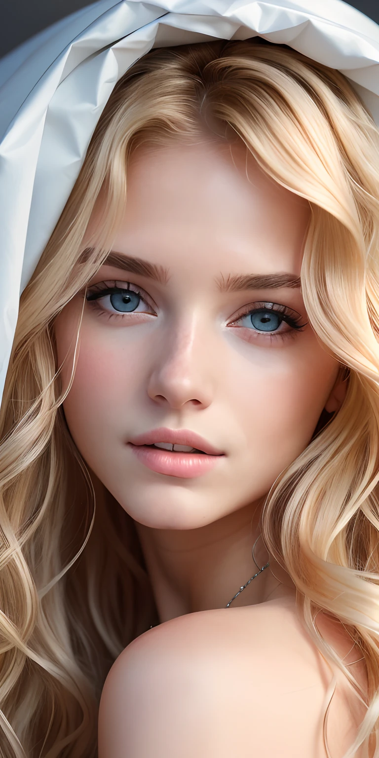 Photo of a 20-year-old European girl, raw, Beautiful woman, (Extra long wavy blonde hair), ((Portrait)), ((Detailed face:1.2)), ((detailed facial features)), (finely detailed skin), pale skin, , wrapped in a sheet, Bedroom environment, lying on the bed, (cold color), moist, moist, Reflectors, (masutepiece) (perfectly proportions)(photos realistic)(Best Quality) (Detailed) photographed in a Canon EOS R5, 50mm Lens, F/2.8, nffsw, (8K) (Wallpaper) (Cinematic lighting) (Dramatic Lighting) (foco nítido) (Convoluted) Fashion, From  above