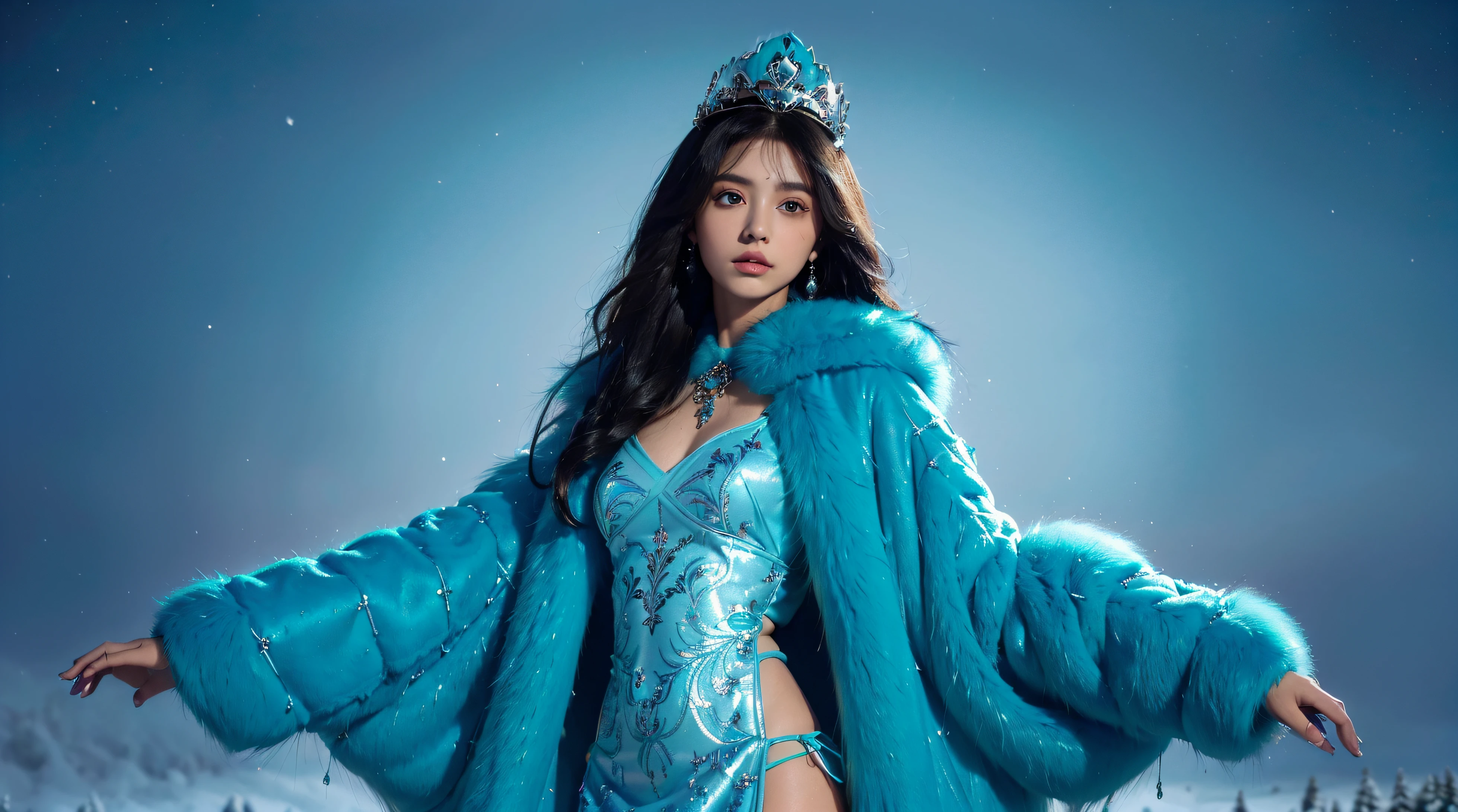 Cute ,(((small lolill body,Little,tchibi))),(((for 6 years ime loli with extremelye and beautiful brunette hair)),((((Indian girl)))), (((Flat chest))),((((Black hair:1.35,Messy hair,Colored inner hair,Messy long hair ridiculous,Dark hair,Black hair,Very long hair,voluminous hair,Thick hair,Dense hair,Long hair)))),(((Turquoise_Eyes:1.3))),intricately detailed eyes,Beautiful detailed eyes,Symmetrical eyes,Big eyes:1.5,(((Glossy glossy skin:1.5,Bright Skin: 1.5,dark tanned skin,Shiny skin,very shiny skin,shining body,plastic glitter skin,exaggerated shiny skin,brightskin))),(Detailed body,(Detailed face)), Cute,slutty,Erotic,Daring,(NSFW), zettai ryouiki,Clothing that exposes,show skin,(((Modern Princess,Turquoise crown,Sexy turquoise fur coat, Turquoise fur coat, Wearing a turquoise fur coat:1.3,Turquoise winter coat))), ((Arabic miniskirt,Arabic mini skirt,Hairy edges,visible thong straps)),(arabian clothes,Semi-naked,Wear it with small blue clothes,((((Furry edge clothing)))),(Arabian jewelry,delicatenecklace),(((intricate outfits,intricate clothes,embroidered clothing,adorned in majestic attire))), (Dynamic pose:1.0),Embarrassed,(Centered,scale to fit the dimensions,Rule of thirds), ((Snowy pine forest at night)),dark stormy clouds,winter,scenery:1.25,((snow forest background)),Christmas tree, A high resolution,Sharp focus,(Ultra detailed,Extremely detailed),(realistic artwork:1.37),(Extremely detailed Cg Unity 8K wallpaper),(((Vibrant colors,Vibrant theme))),(Intricate),(Masterpiece),(Best quality),(huge boob:2.0),Cocked buttocks,Expose half of the breast