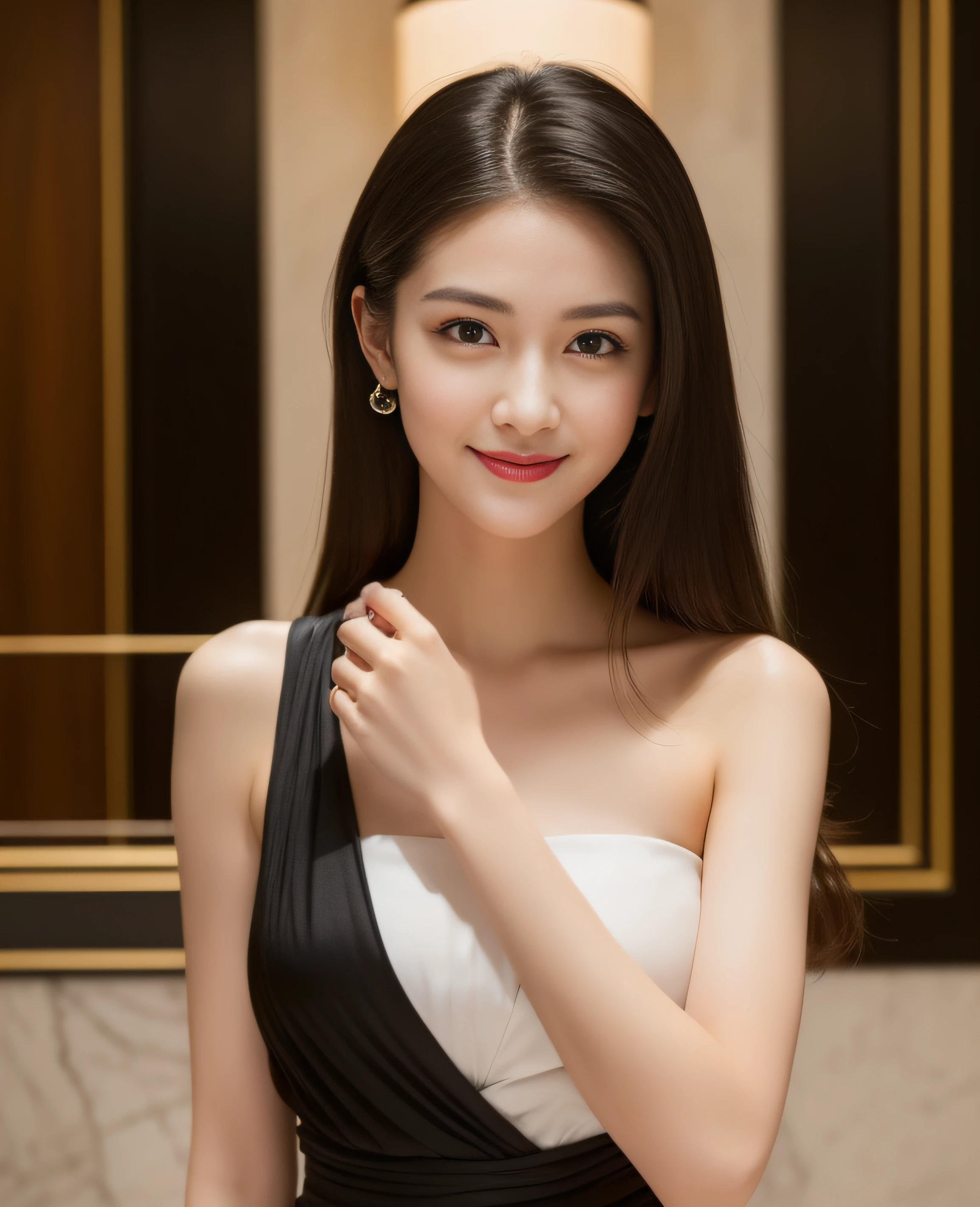 highest quality, masterpiece, ultra high resolution, realistic, 1 girl, off shoulder, smile
