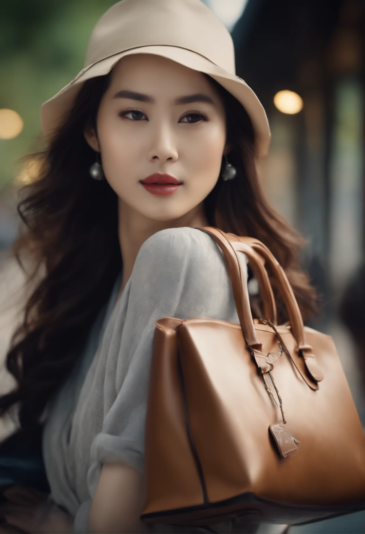 masterpiece realistic, best high quality, FashionMagCover,Japanese female star model, carryng bag, Contains Japanese