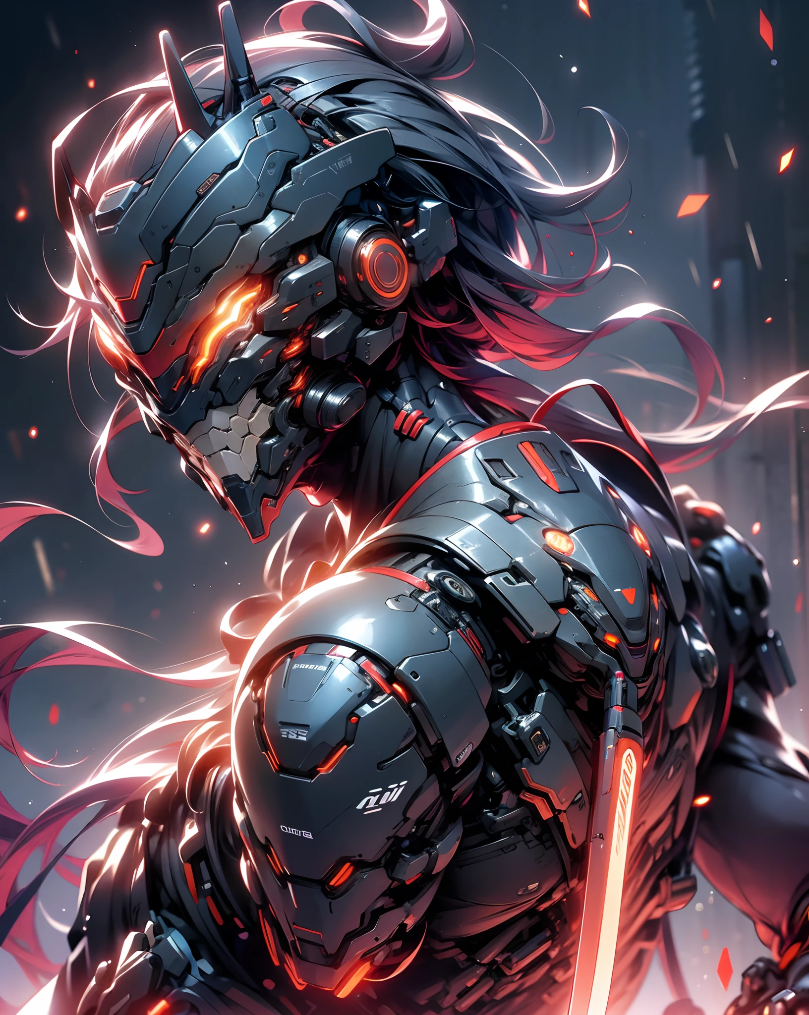 "8K, Front view, Ghost in the Shell, Ethereal neon smoke, A cybernetically enhanced male warrior holding a immense glowing sword looking down at the viewer, Alleyway in Neo Tokyo covered in neon smoke, Shaved head with cybernetic implants visible, Tactical cybernetic helmet with glowing neon lines, One glowing red cybernetic eye staring while other is concealed, Regular ears, Stern intimidating expression, Bright otherworldly glow lighting from smoke bouncing off cybernetic enhancements, Fujifilm GFX 100s medium format camera, ISO 64, f/1.4, 1/1000s"