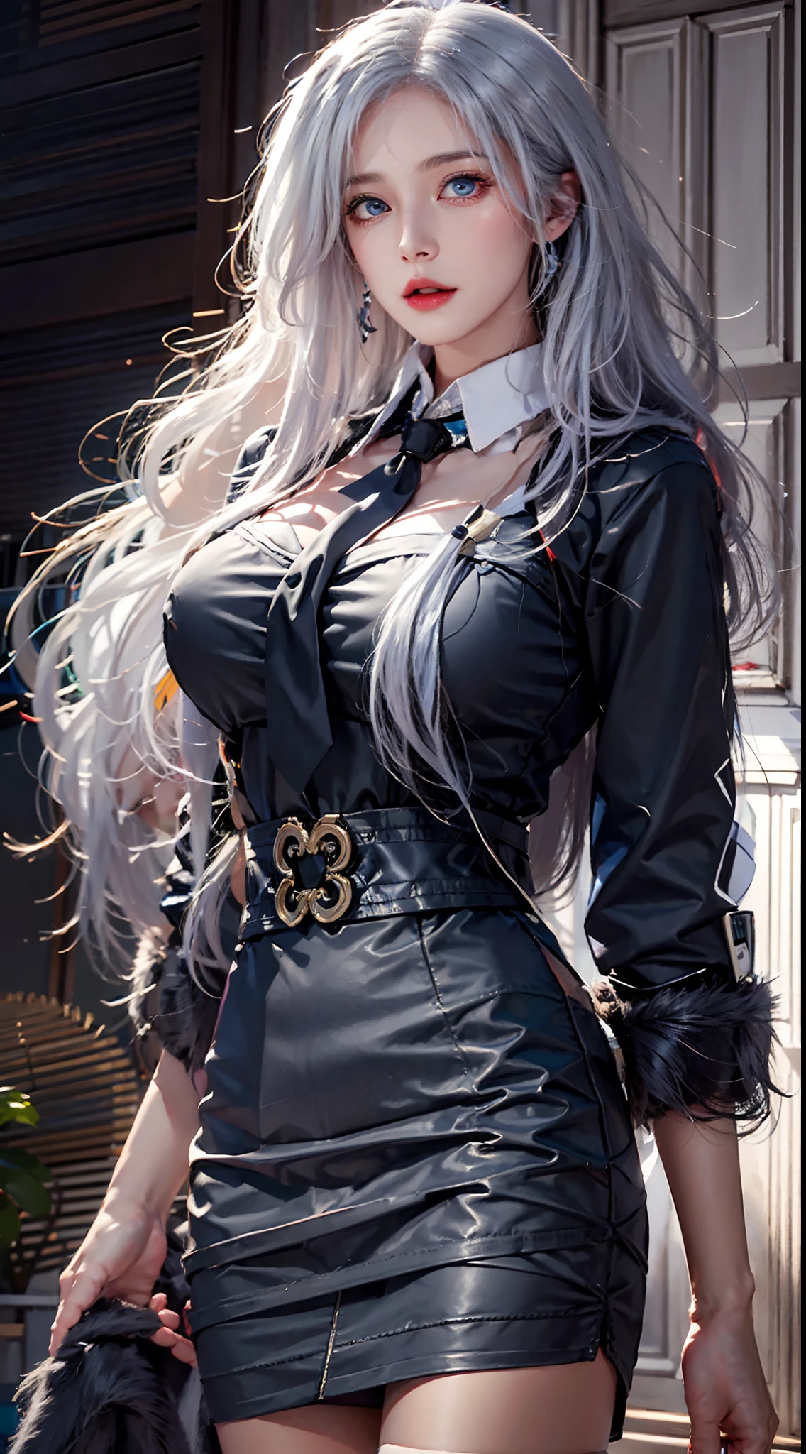 photorealistic, high resolution, soft lights, 1women, solo, hips up, blue eyes, white hair, long hair, close lips, collared shirt, black necktie,black skirt, pencil skirt, fur coat, stockings