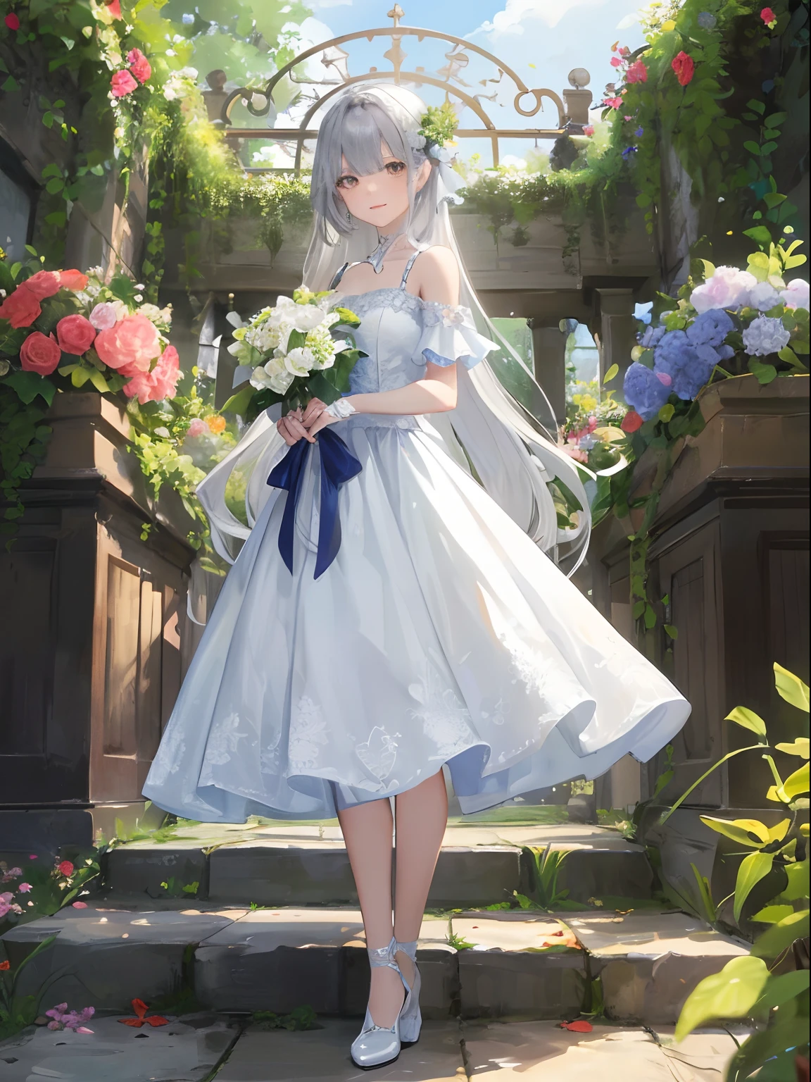(tmasterpiece、top-quality、illustratio、Extremely high quality、high-level image quality、Extremely sensitive writing)Girl with long silver hair standing in beautiful flowery garden、A slight smile、beast ear,standing on your feet,full bodyesbian,She has a large bouquet、Lovely dress,There are ruffles on the shoulders、Trimmed skirt,Pattern,Translucent frontal photo