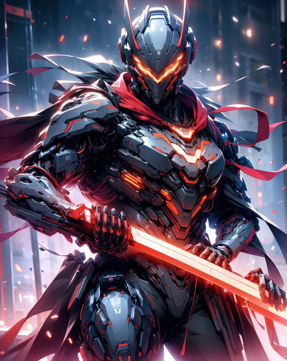 "8K, Front view, Ghost in the Shell, Ethereal neon smoke, A cybernetically enhanced male warrior holding a immense glowing sword looking down at the viewer, Alleyway in Neo Tokyo covered in neon smoke, Shaved head with cybernetic implants visible, Tactical cybernetic helmet with glowing neon lines, One glowing red cybernetic eye staring while other is concealed, Regular ears, Stern intimidating expression, Bright otherworldly glow lighting from smoke bouncing off cybernetic enhancements, Fujifilm GFX 100s medium format camera, ISO 64, f/1.4, 1/1000s"