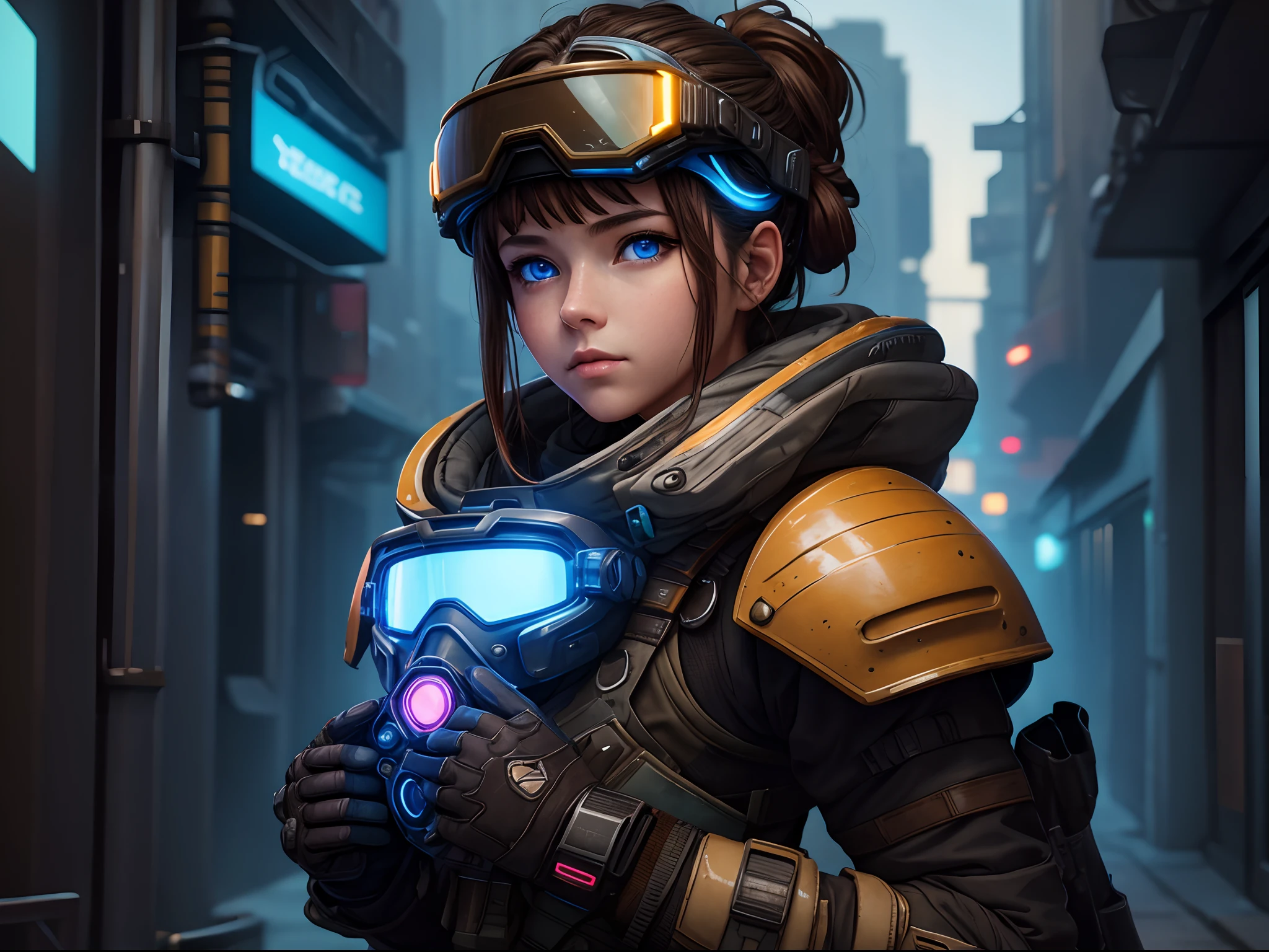 Masterpiece, Best quality, , (Solo), 1girll, Look up, Dim light, , horizon_(apex legends), goggles, Blue eyes, Brown hair, mitts, Shoulder armor, Headwear, (freckle:0.5), , (Science_fiction), Outdoors, street, Neon lights, Cyberpunk,