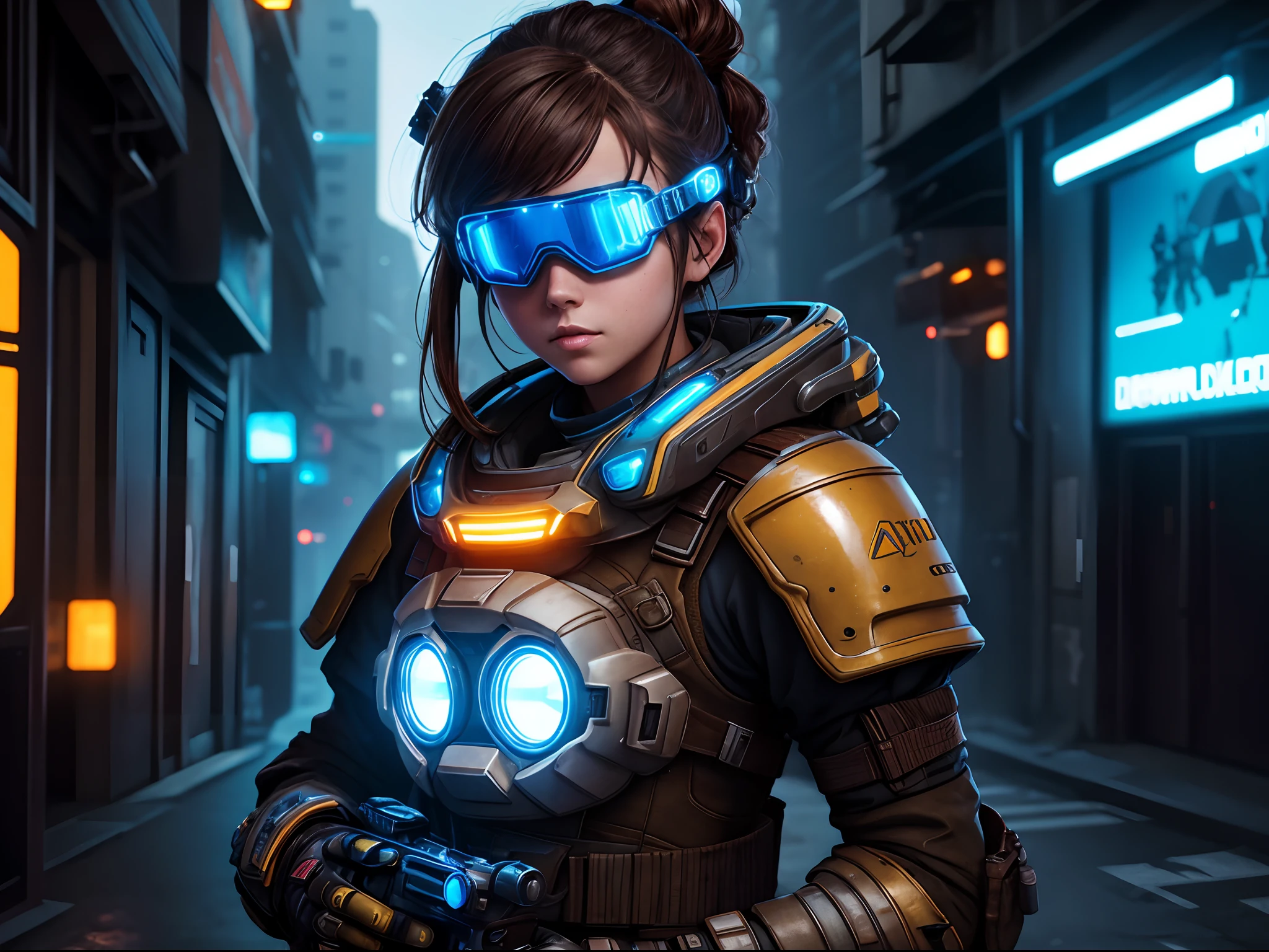 Masterpiece,  Best quality, , (Solo), 1girll, Look up, Dim light, , horizon_(apex legends), goggles, Blue eyes, Brown hair, mitts, Shoulder armor,  Headwear, (freckle:0.5), , (Science_fiction), Outdoors, street, Neon lights, Cyberpunk,