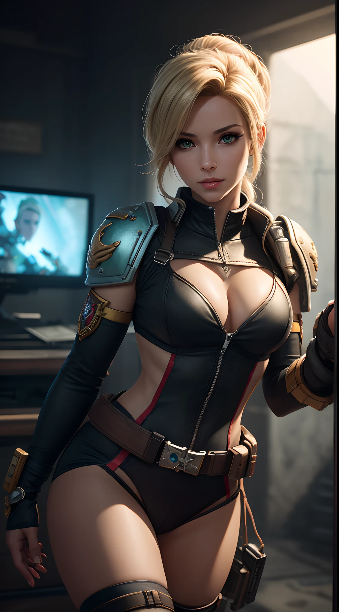Best quality, Masterpiece, eyes reflection, Best quality, Masterpiece, The eye of mercy reflexes, Alone, Sculptural perfect figure, Blonde,Overwatch mercy style hairstyle, Green eyes, Two arms, Tomb Raider style neckline clothing, utility belt, Alone, Command Room, 8K, Masterpiece, A high resolution, absurderes, natural volumetric lighting and best shadows, Deep depth of field, Sharp focus, Naughty face, Super delicious, Medium breasts, Warhammer 40K elements, Ultra detailed scenery, Goddess