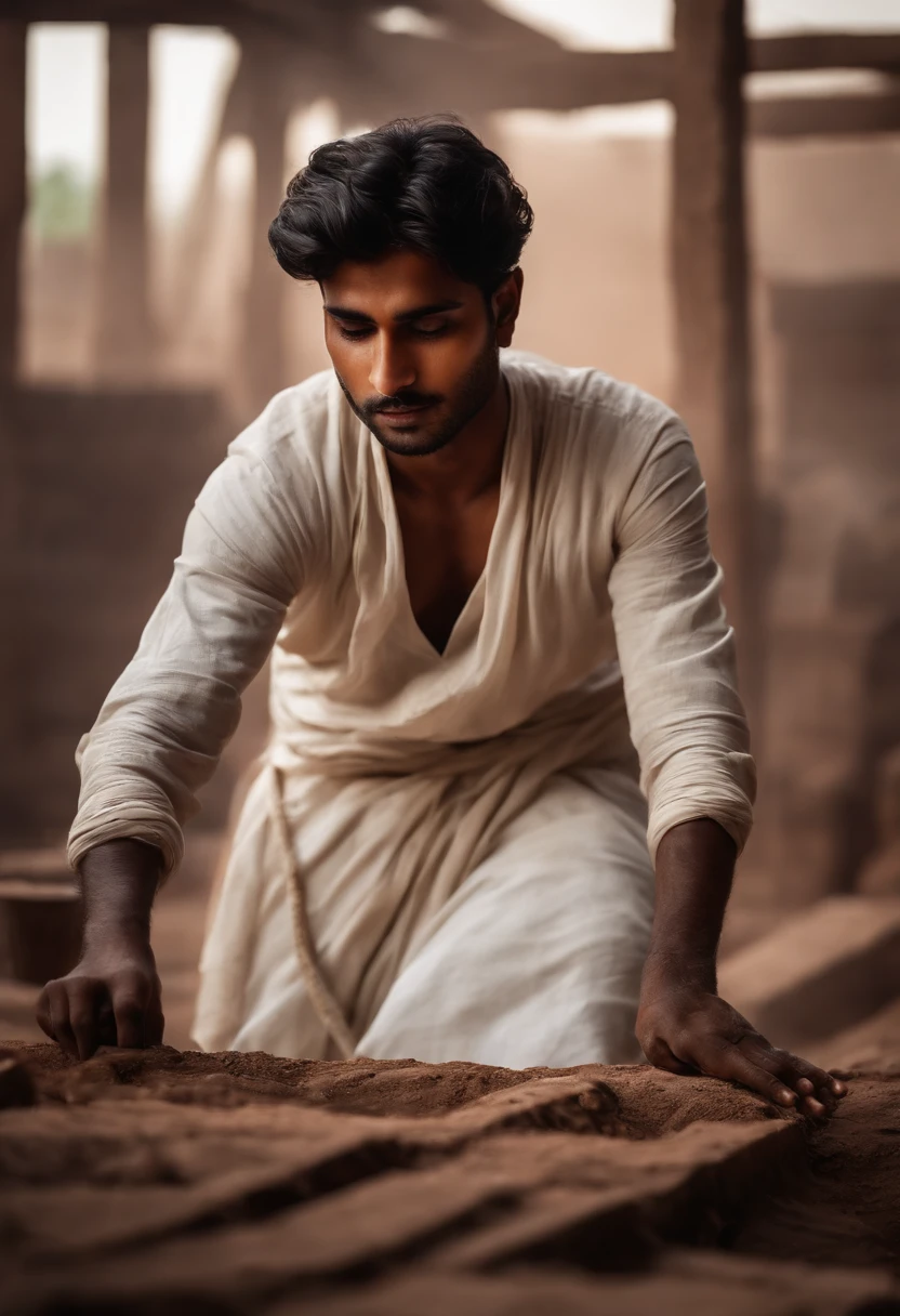 Young man doing construction work,white clothes,Ancient India,murky,Hell, mystical setting