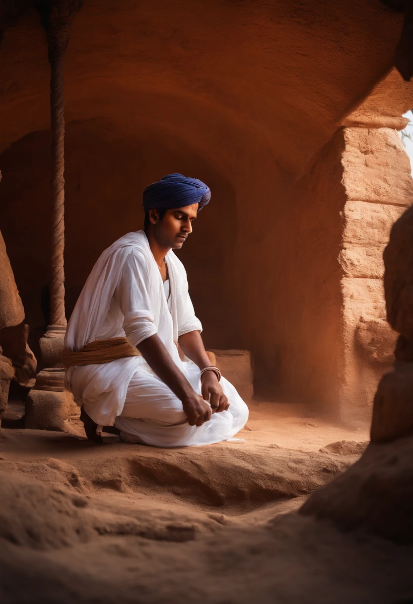 Young man doing construction work,white clothes,Ancient India,murky,Hell, mystical setting