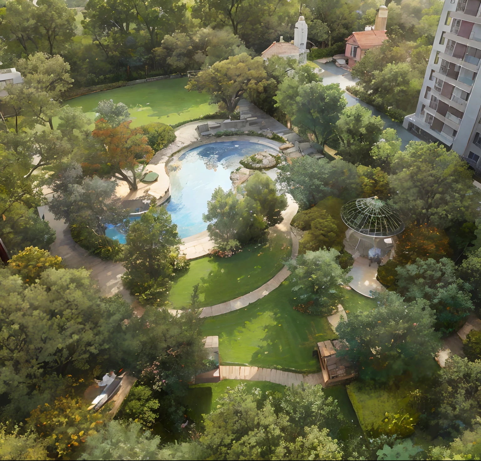 aerial view of a park with a pool surrounded by trees, above view, lush surroundings, bird view, [ overhead view ]!!, lush garden surroundings, screengrab, ariel view, a wide shot, bird's eye view, birds - eye view, bird eye view, view from above, birdseye view, birds eye view, photo taken from above, full - view. Increase the trees and enhance the color green to more deep color. Add people walking on the pathways. Color correct the image to look more photorealistic