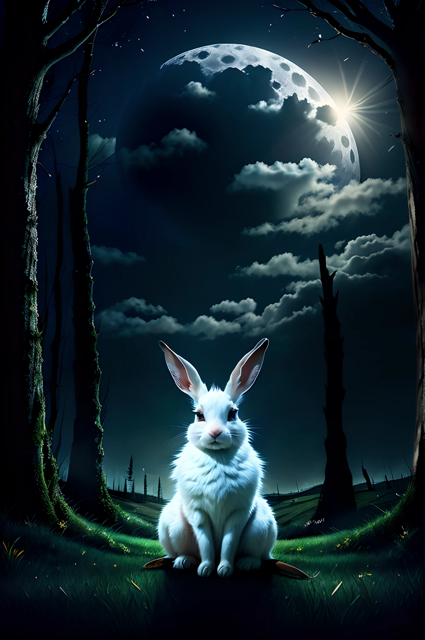 adorable rabbit，super high image quality，themoon，the woods，grassy fields，a warm color palette，smog，the elf，Skysky，​​clouds