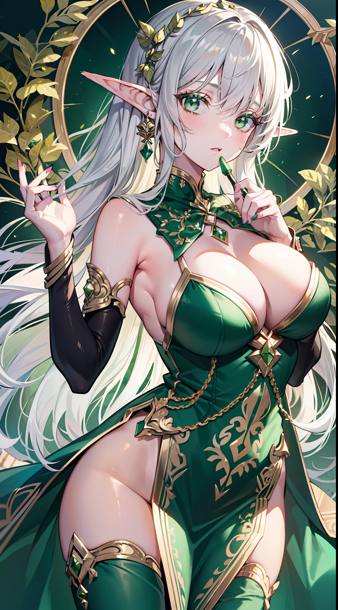 Grown-up girl, Long silver hair, elf ears, Green eyes, large breasts, Green lipstick, green dress, open dress, open breasts, Sleeveless, Sexy, erotic dress, transparent dress, Princess, Gold Elements, Hands up, Masterpiece, hiquality, 4k, HD, Good detail
