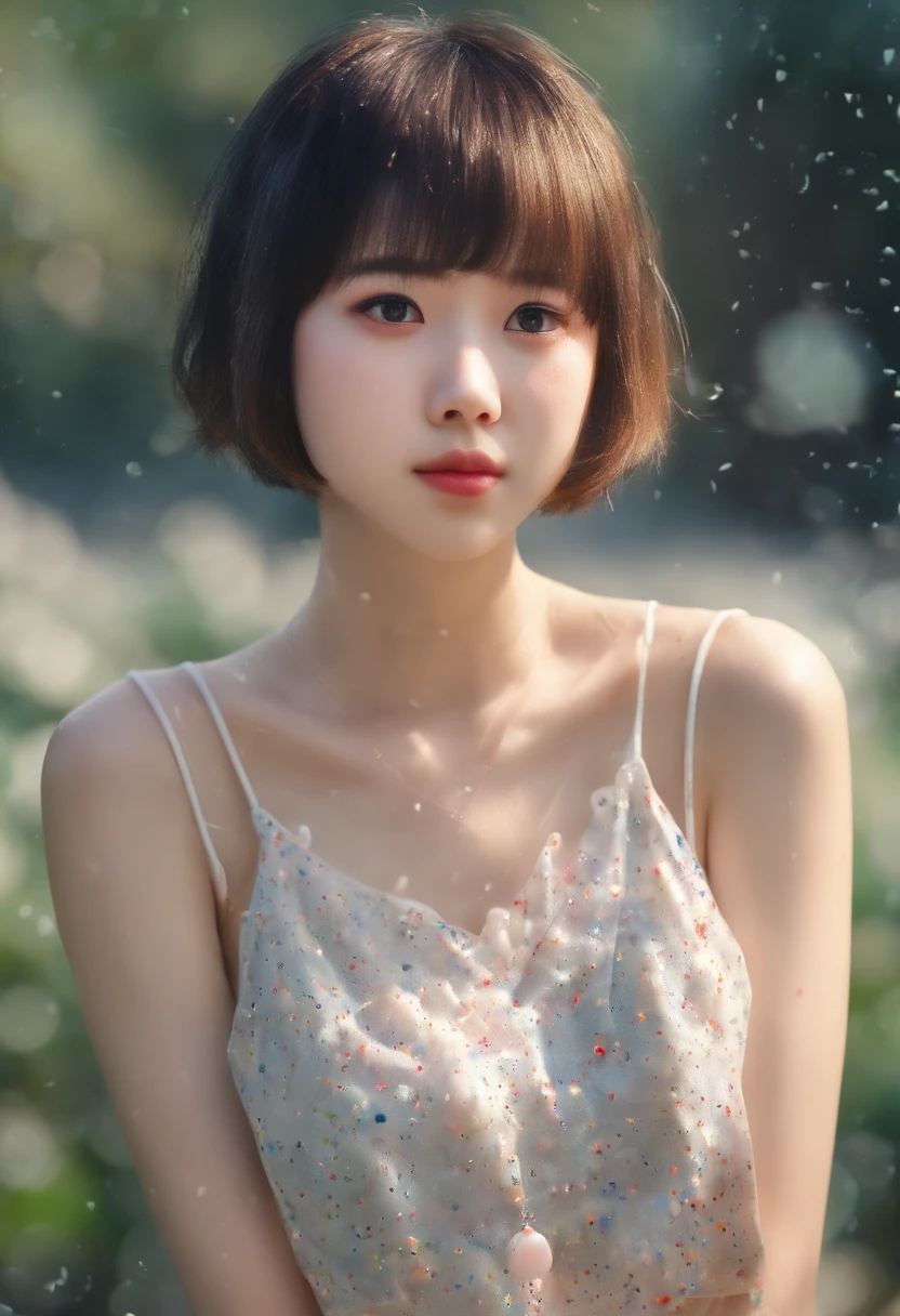 ((top-quality, in 8K,Raw photo)), (Realistic, Photorealsitic: 1.37), (Face Focus: 1.1), cute Japanese girls, short-hair, Hair fluttering in the wind, femele、Japan idol system、(Sleeveless: 1.1)、Skirt, C cup breasts,