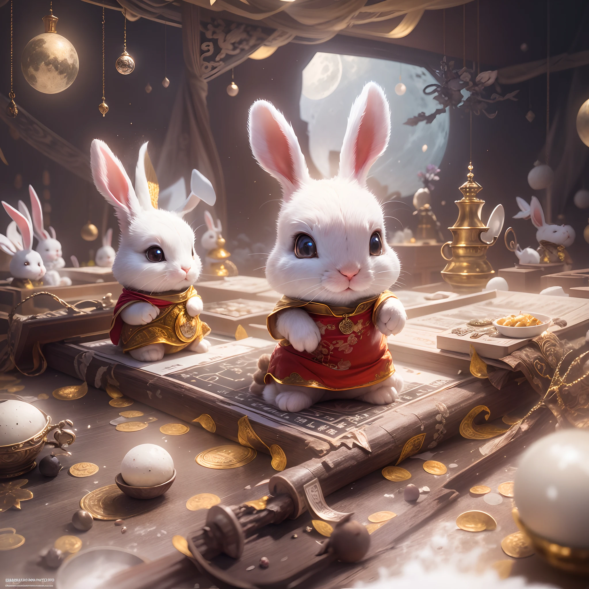 Little white rabbits on the moon,Moon environment,Studio lighting,furry bunny,The forehead is decorated with precious stones,Silver pen drawings,Clear lines,Global close-up,first person perspective,The rabbits prepare for the blessing,desks,ingredient,Chinese elements,Festive atmosphere,Golden-red,Dramatic lighting,Granular film,Ray traching,