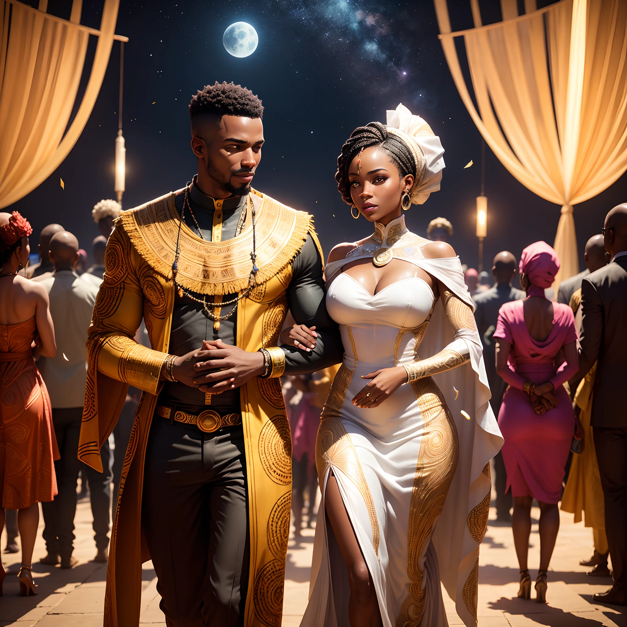 Traditional futuristic African marriage of a black man and black woman both wearing African designed clothes, surrounded by people carrying pots and african designed instruments like drums, full of coloured African designed instruments, in an empty area full of celebrating congregation carrying african instruments and african designed pots, night time with a white moon shining a beautiful vibrant light, with iridescent light, photorealistic image, 32k, ultra HD, cinematic lighting, artgerm style