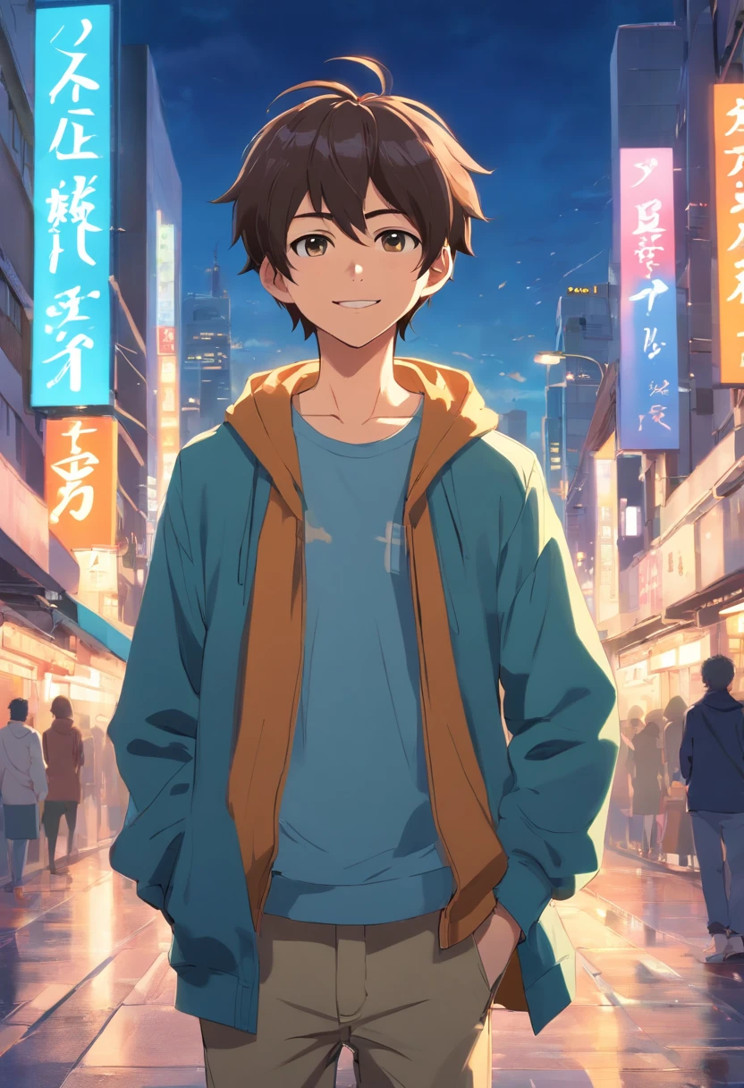 A boy, transformed into an anime style, with exaggerated unique facial features and clothing, standing on a bustling city street, backlit background highlighting the subject, high-contrast colors, 4K high-definition quality，young, smiling, handsome