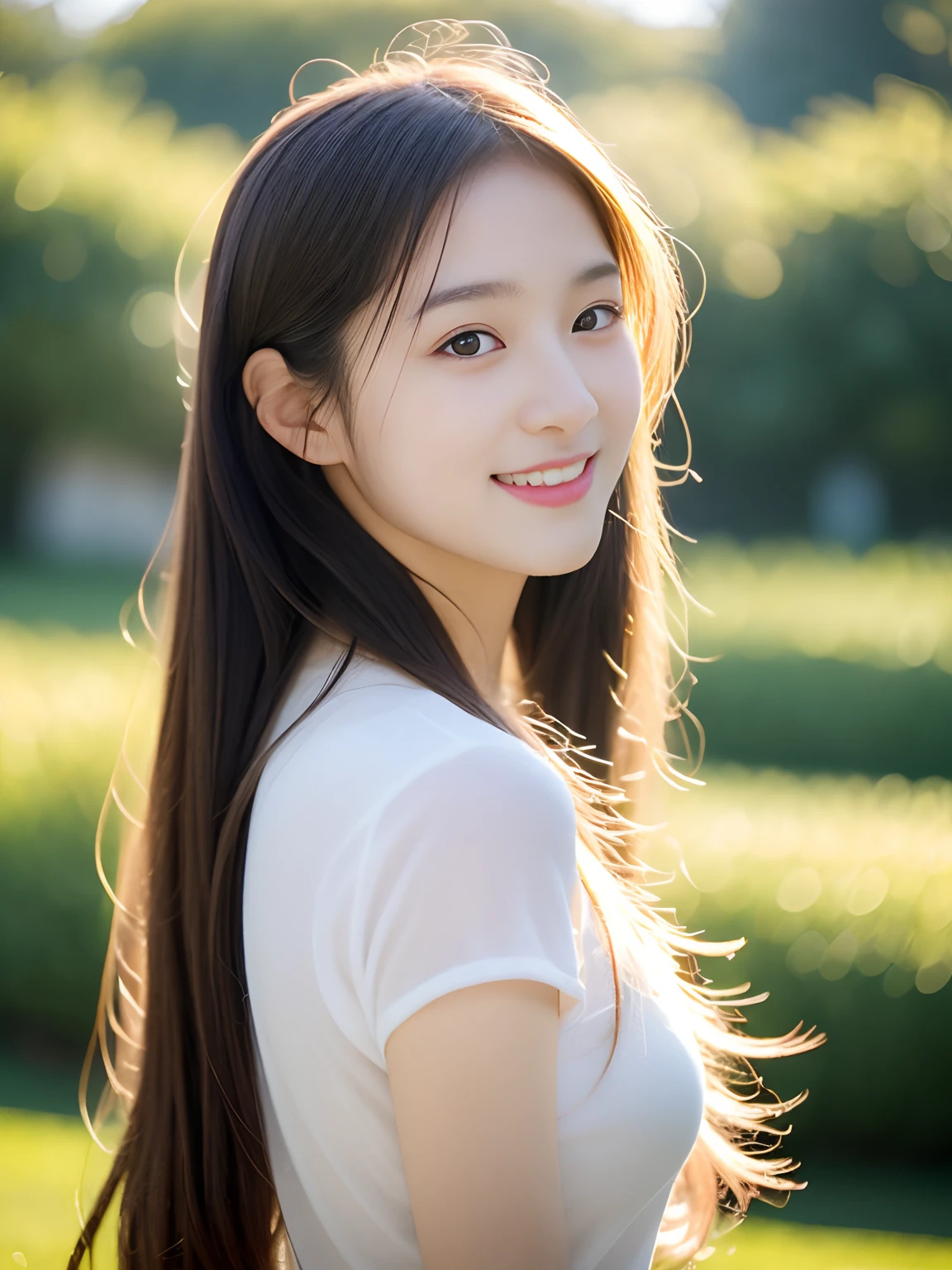20 years girl、well-styled、tall、length hair、White muscles all over the body、a smile
