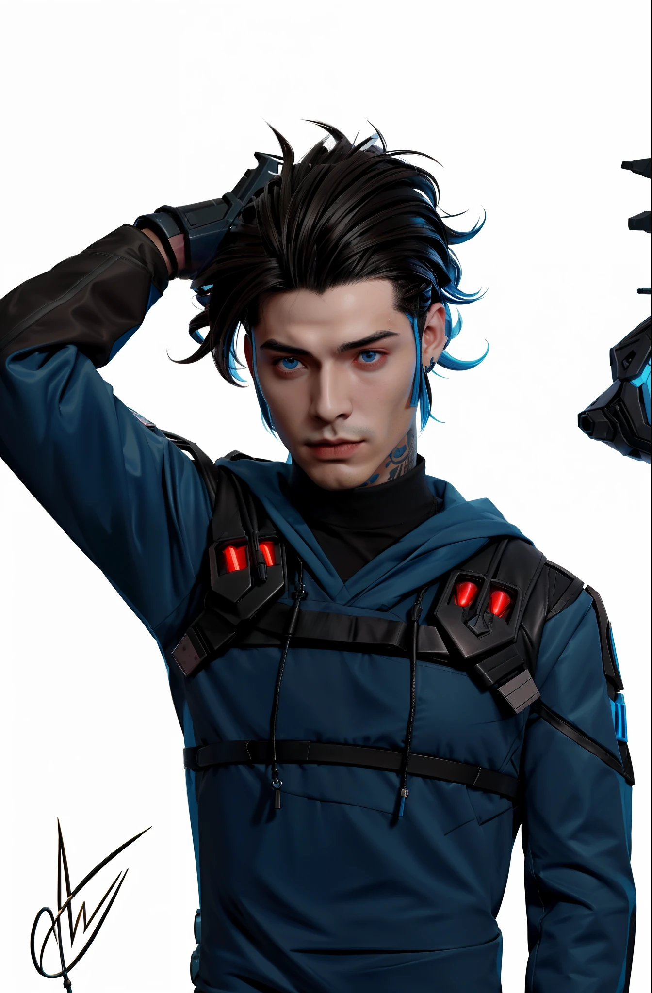 Un primer plano de una persona sosteniendo una espada con una espada en la mano, con espada grande, Image of a futuristic-looking man with a dark brown mohawk mullet hairstyle, chico guapo, Yuu Shirota, Retrato, realistic artistic style, Arte del personaje masculino humano, cyberpunk hero, Retrato detallado del personaje, Personaje cyberpunk, Retrato de un hombre cyberpunk, proporciones realistas, ojos azules, sudadera con capucha azul, arneses negros con luces rojas, sin tatuajes en el cuello.