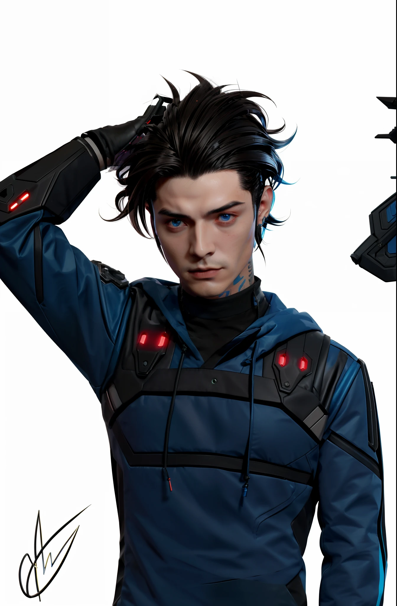 Un primer plano de una persona sosteniendo una espada con una espada en la mano, con espada grande, Image of a futuristic-looking man with a dark brown mohawk mullet hairstyle, chico guapo, Yuu Shirota, Retrato, realistic artistic style, Arte del personaje masculino humano, cyberpunk hero, Retrato detallado del personaje, Personaje cyberpunk, Retrato de un hombre cyberpunk, proporciones realistas, ojos azules, sudadera con capucha azul, arneses negros con luces rojas, sin tatuajes en el cuello.