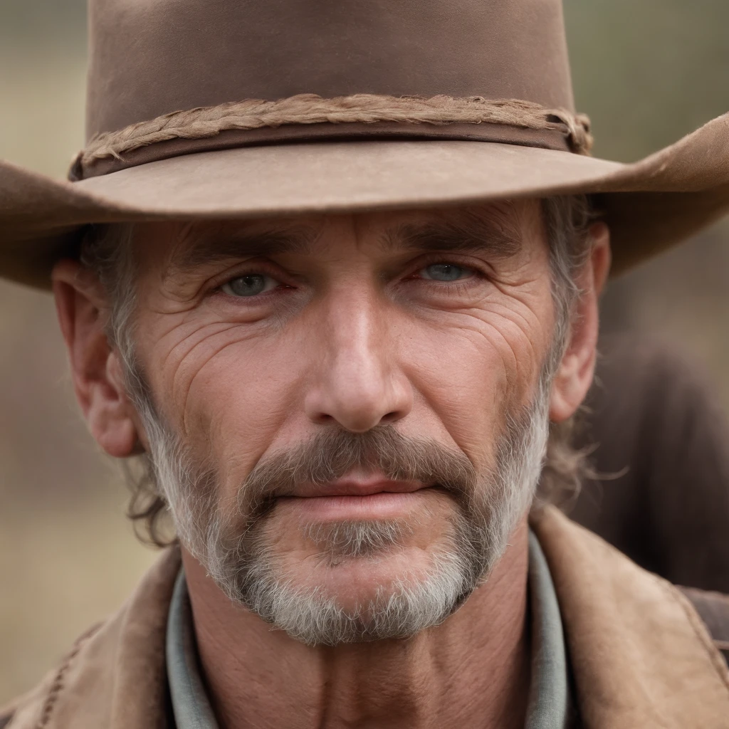 A close-up portrait of a weathered cowboy, capturing every crease and line on their face. Their eyes reflect a lifetime of experiences, filled with wisdom and a hint of melancholy. The cowboy's rugged beard is perfectly groomed, adding to their rugged charm. The background features a rustic wooden fence and a glimpse of the open range, adding a sense of authenticity