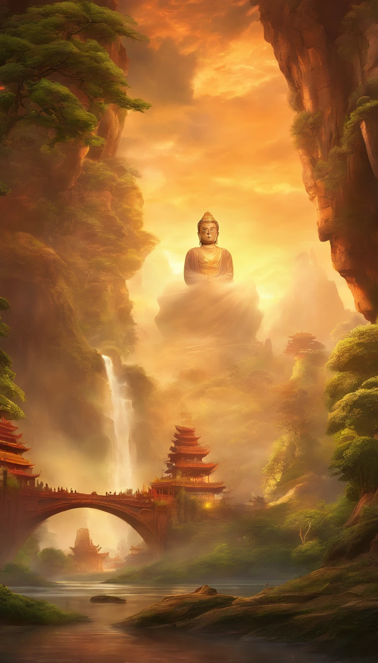 A giant, Realistic depiction of Leshan Buddha, Blend seamlessly with nature, surrealism, Ultra-detailed, Photorealistic:1.37, 3D rendering of, Cinematic lighting, Divine light, Ultra-high definition, Masterpiece:1.2, Textured skin, Best quality, high resolution