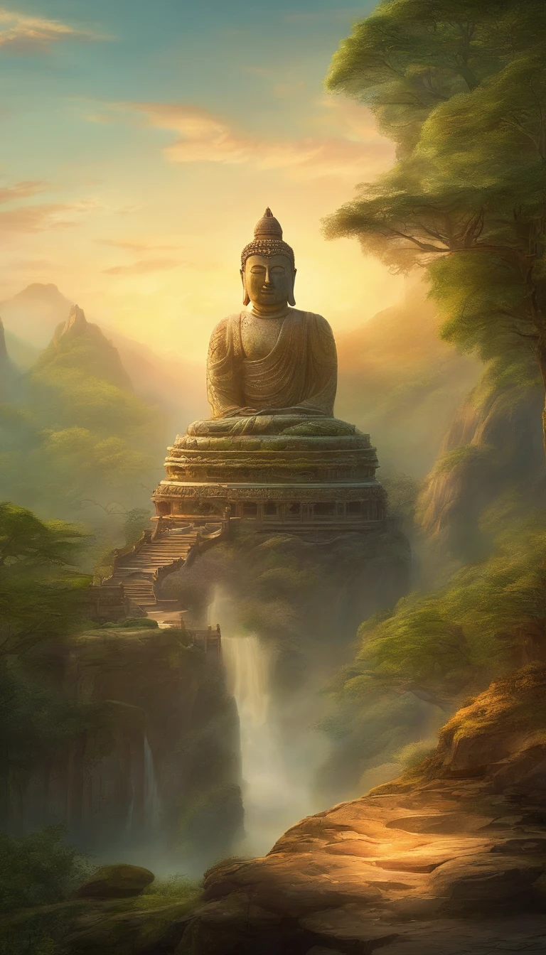 A giant, Realistic depiction of Leshan Buddha, Blend seamlessly with nature, surrealism, Ultra-detailed, Photorealistic:1.37, 3D rendering of, Cinematic lighting, Divine light, Ultra-high definition, Masterpiece:1.2, Textured skin, Best quality, high resolution