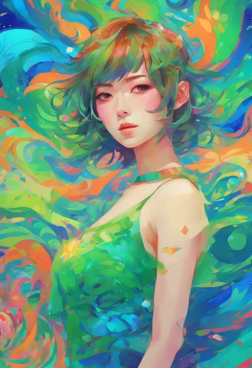 ((top-quality, in 8K,Raw photo)), (Realistic, Photorealsitic: 1.37), (Face Focus: 1.1), (Blue and green colors: 1.5), cute Japanese girls, short-hair, Hair fluttering in the wind, femele、Japan idol system、(Sleeveless: 1.1)、Skirt, C cup breasts,