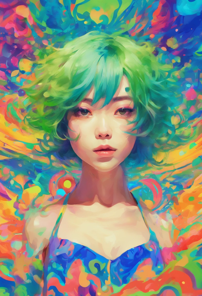 ((top-quality, in 8K,Raw photo)), (Realistic, Photorealsitic: 1.37), (Face Focus: 1.1), (Blue and green colors: 1.5), cute Japanese girls, short-hair, Hair fluttering in the wind, femele、Japan idol system、(Sleeveless: 1.1)、Skirt, C cup breasts,