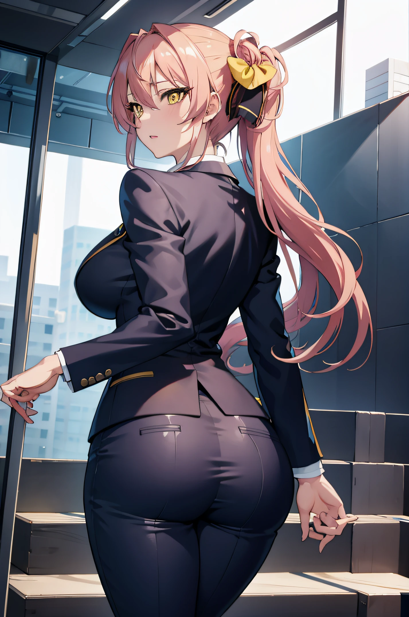 (masterpiece, best quality, detailed),1girl,mature female,pale skin,huge breasts,mikajougasaki, mika jougasaki, hair bow, pink hair, (yellow eyes:1.5), ponytail. in a blue suit with a ponytail and a blue shirt, (sfw) safe for work, in a strict suit, in strict suit, smooth anime cg art, thicc, seductive anime girl, beautiful anime girl squatting, girl in a suit, clean detailed anime art,high resolution, (perfect hands, perfect anatomy),