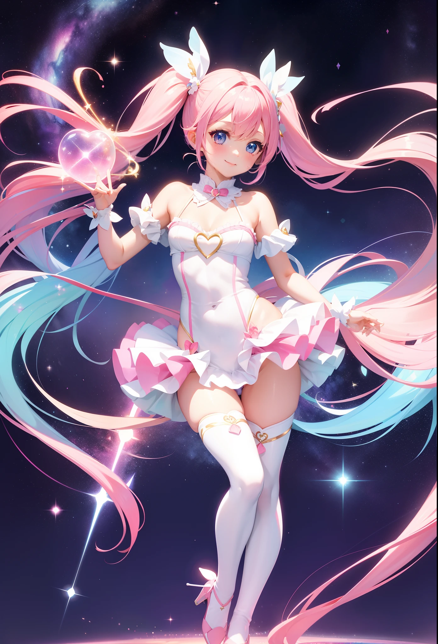 Super Idol Little Beautiful Girl A charming smile sky blue hair length hair Twin-tailed Bright pink and white leotard outfit Mystical Fantasia constellation a moon Crystal Brilliance Aurora Borealis in the Night Sky