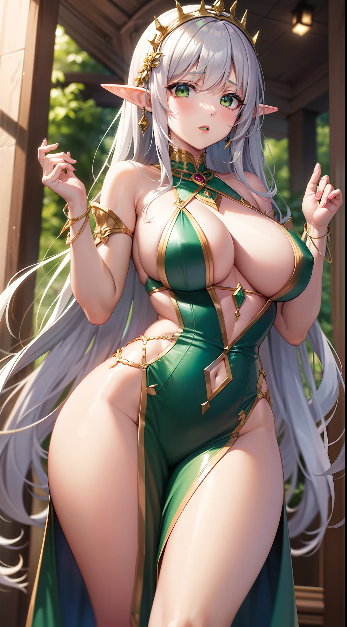 Grown-up girl, Long silver hair, elf ears, Green eyes, large breasts, Green lipstick, green dress, open dress, open breasts, Sleeveless, Sexy, erotic dress, transparent dress, Princess, Gold Elements, Hands up, Masterpiece, hiquality, 4k, HD, Good detail