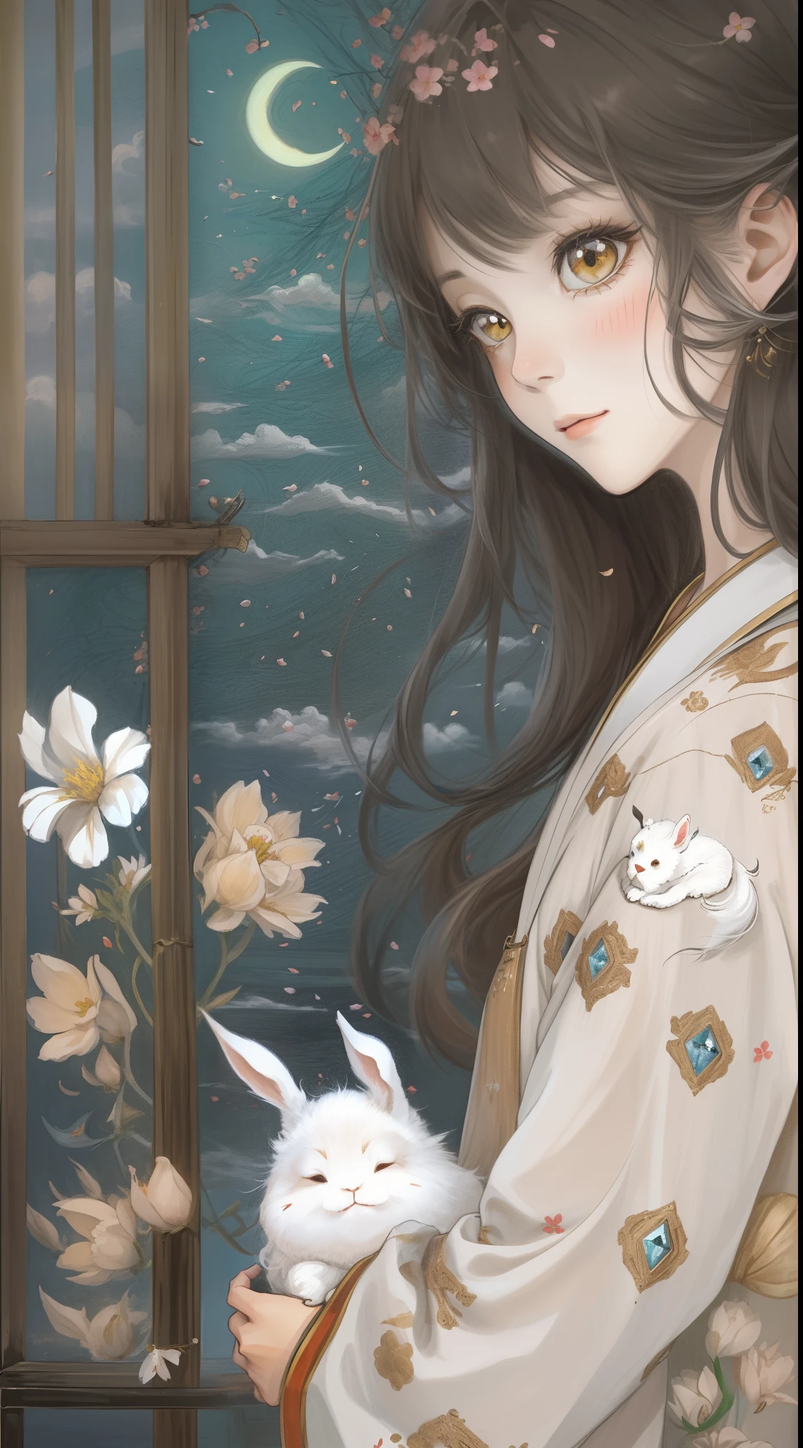 Yamazawa， themoon， Clouds， Skysky， 1girll， long whitr hair， 独奏， brunette color hair， Smart rabbits，painting of a（Curly）， natta， jewely， Traditional media，  fresh flowers，
high high quality，