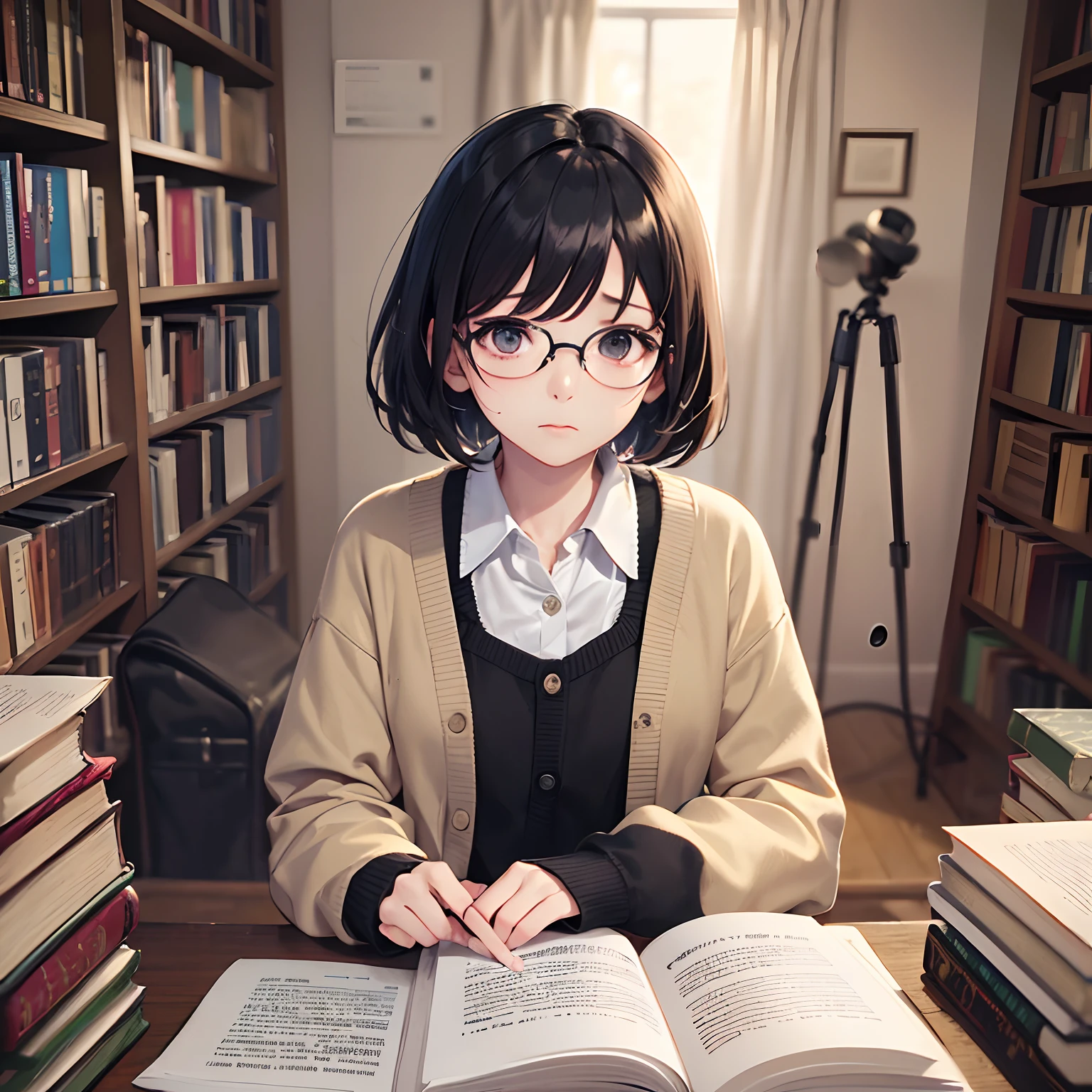 masterpiece、top-quality、High-quality images、hight resolution、8K、1lady、Photorealsitic、detaileds、Detailed eye depiction、skin gloss、Lustrous hair、((Black short-haired、More disheveled hair、I'm wearing round glasses、Emotional manifestation:1.3))、Narrow old room、many bookshelves、Books piled on the floor、Pile of used books、Its name is Monaca Kashino、obedient character、Not very confident、real face、care、Good posture、Long skirt、Cardigans in muted colors、bare-legged、 Coming home from work、 Monacachan may have been nervous when he saw a picture of himself on Instagram.?