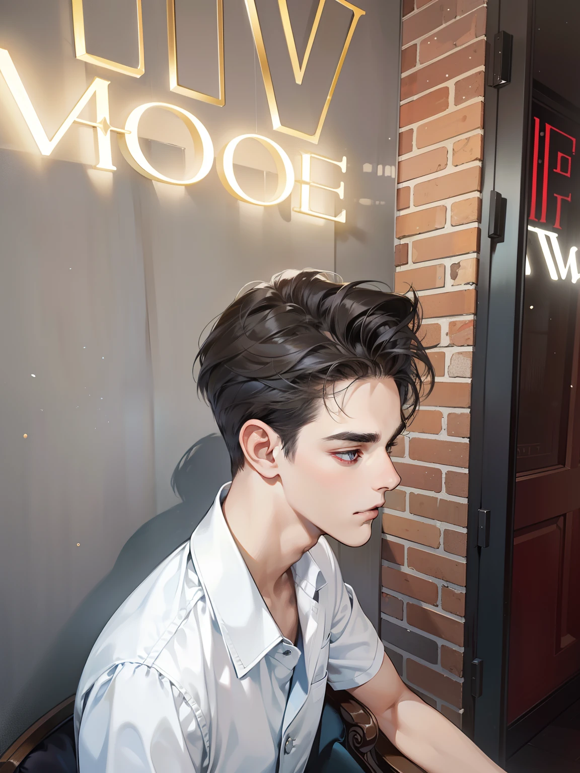 masterpiece, best quality, realistic, 1man, mature male, quiet and charming young man, 18 years old, look serious, closed mouth, portrait, extremely detailed face, soft smile, ((dark grey eyes)), ((short-left-swept dark brunette hair)), [thick eyebrows], dining room ((blue suit))