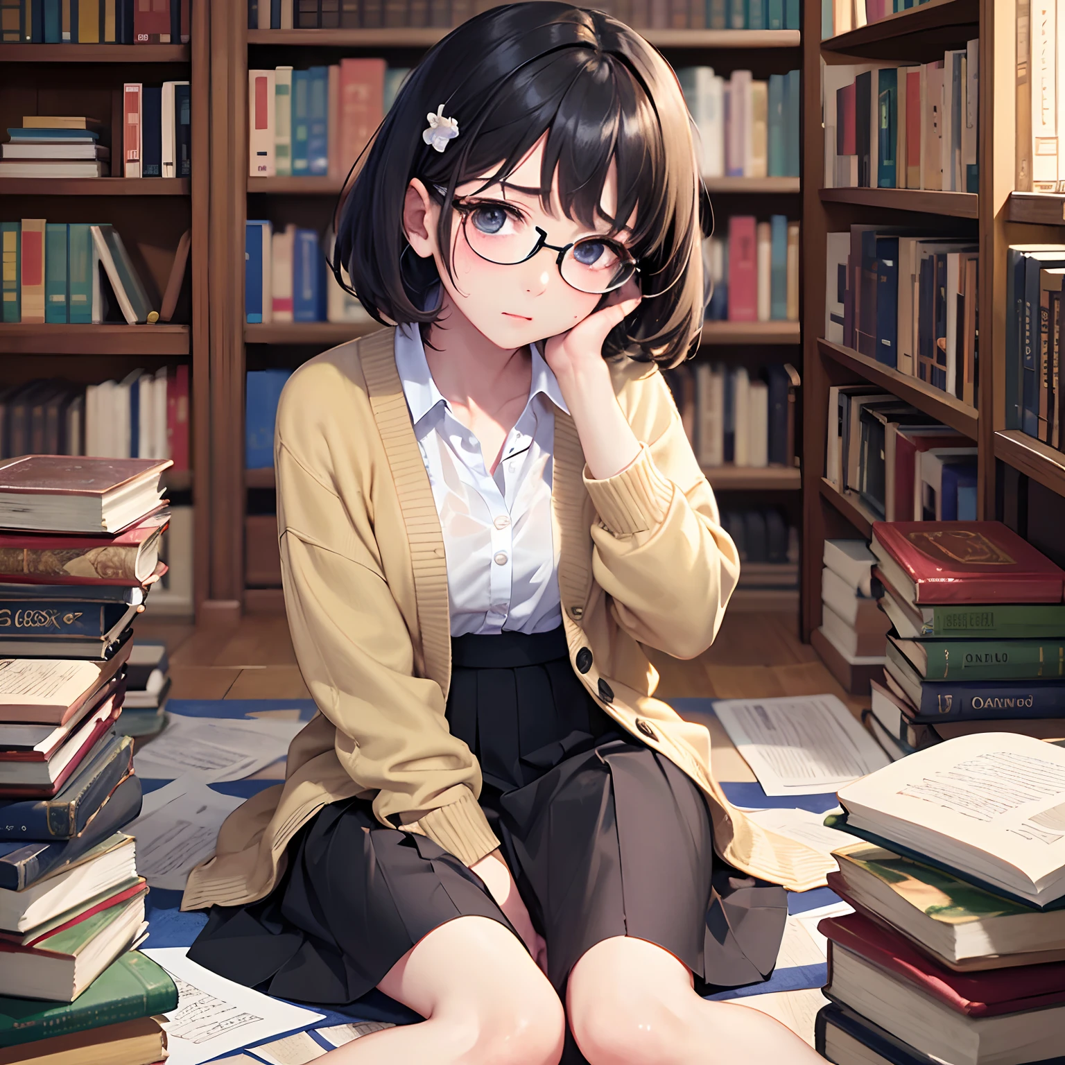 ​masterpiece、top-quality、High-quality images、hight resolution、8K、1lady、Photorealsitic、detaileds、Detailed eye depiction、skin gloss、Lustrous hair、((Black short-haired、More disheveled hair、I'm wearing round glasses、Emotional manifestation:1.3))、Narrow old room、many bookshelves、Books piled on the floor、Pile of used books、Its name is Monaca Kashino、obedient character、Not very confident、real  face、care、Good posture、Long skirt、Cardigans in muted colors、bare-legged、　Coming home from work、　　　Monacachan may have been nervous when he saw a picture of himself on Instagram.?