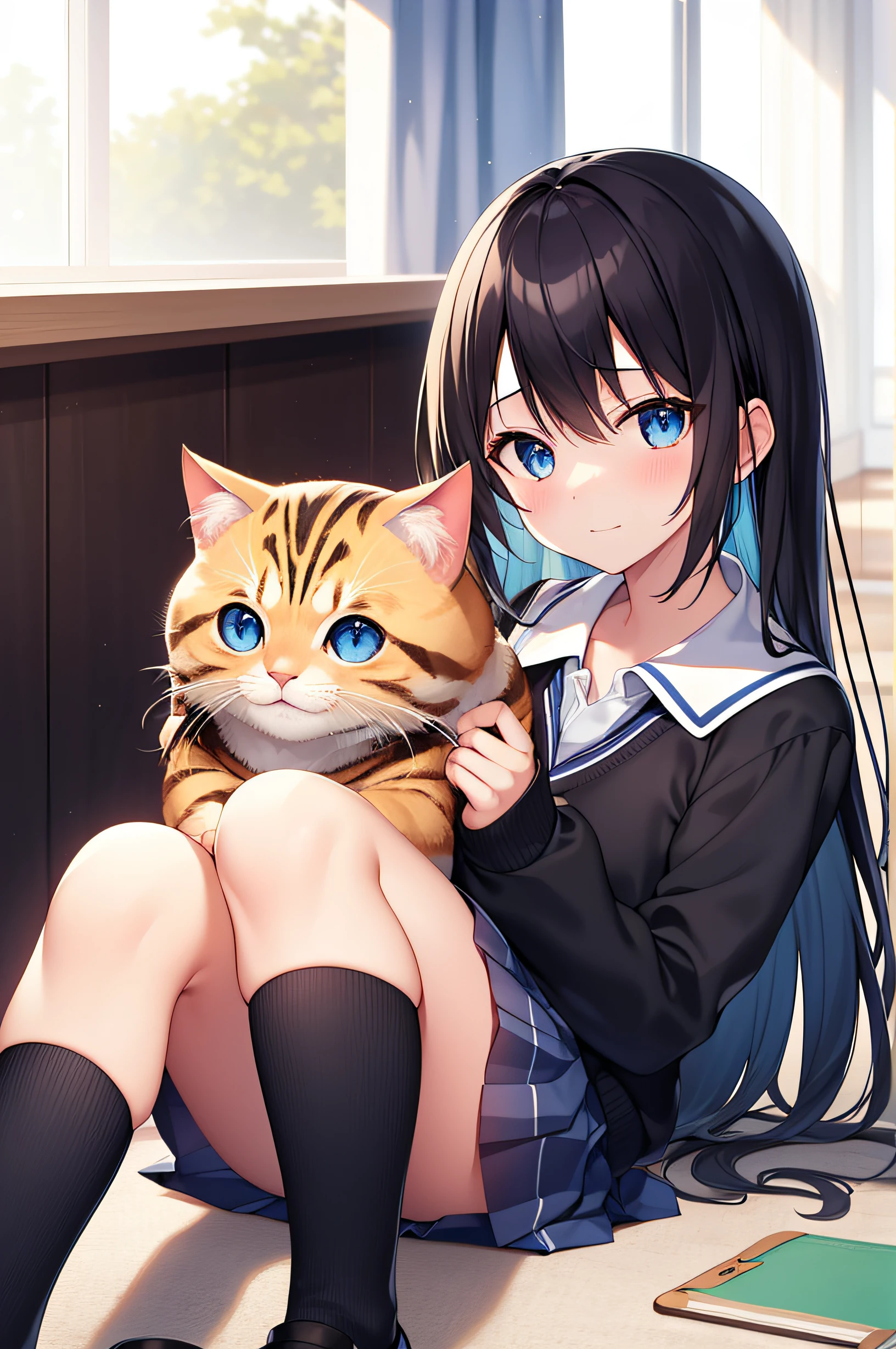 masutepiece, of the highest quality: 1.2), Cute and delicate eyes, Neat face, School uniform, Blue tie, (Black socks: 1.4), Holding a cat, in 8K