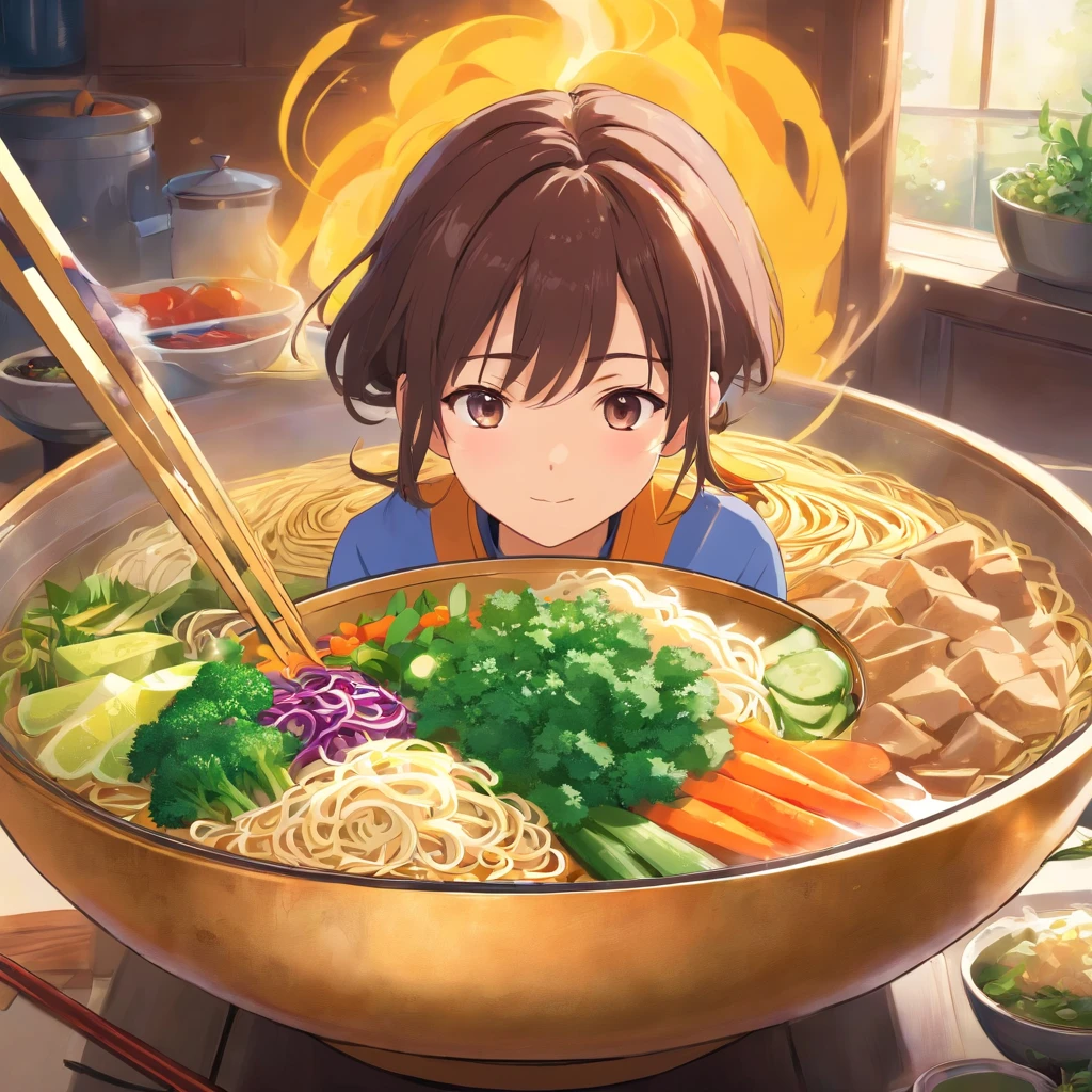 A steaming bowl of Asian noodles, Garnish with colorful vegetables and herbs.