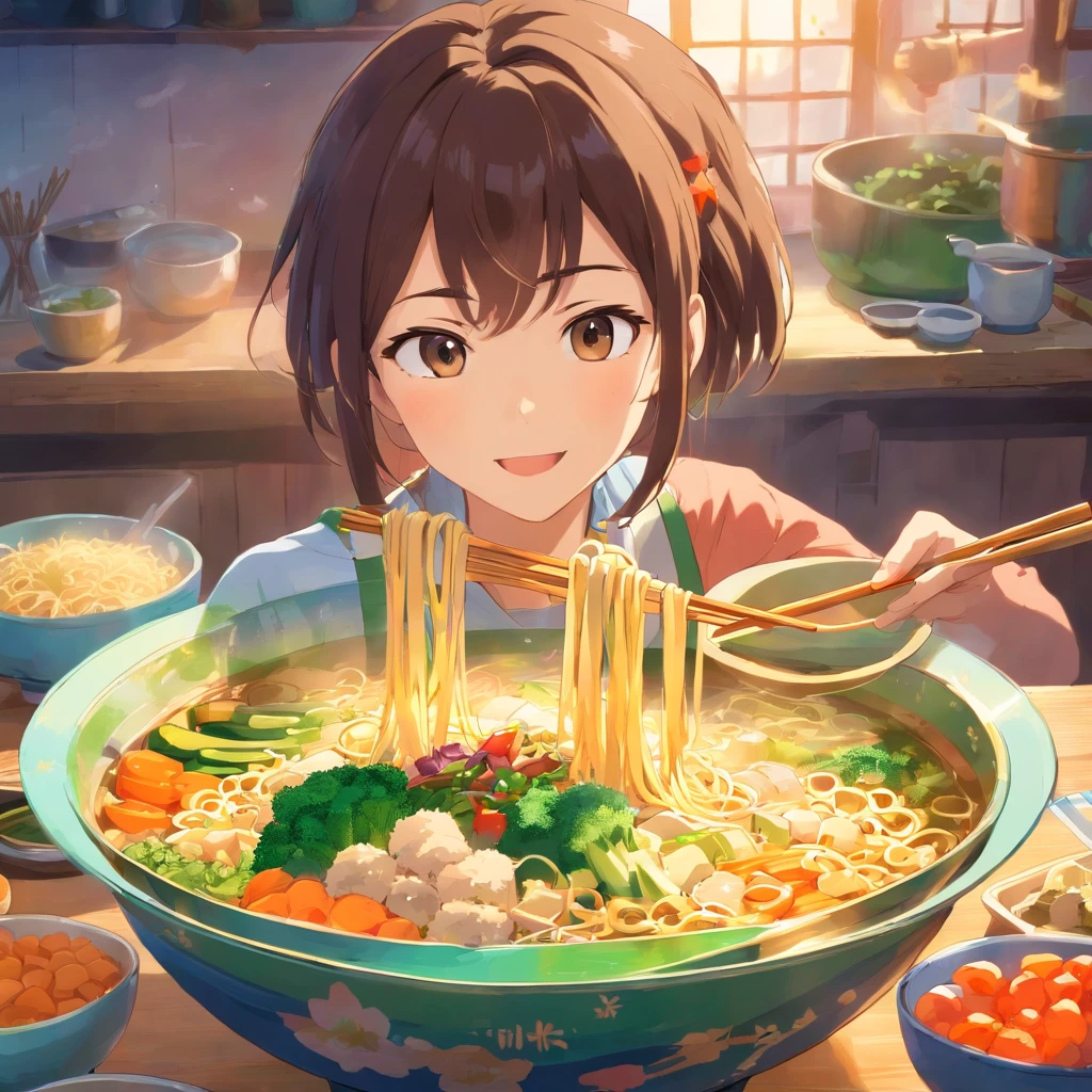 A steaming bowl of Asian noodles, Garnish with colorful vegetables and herbs.